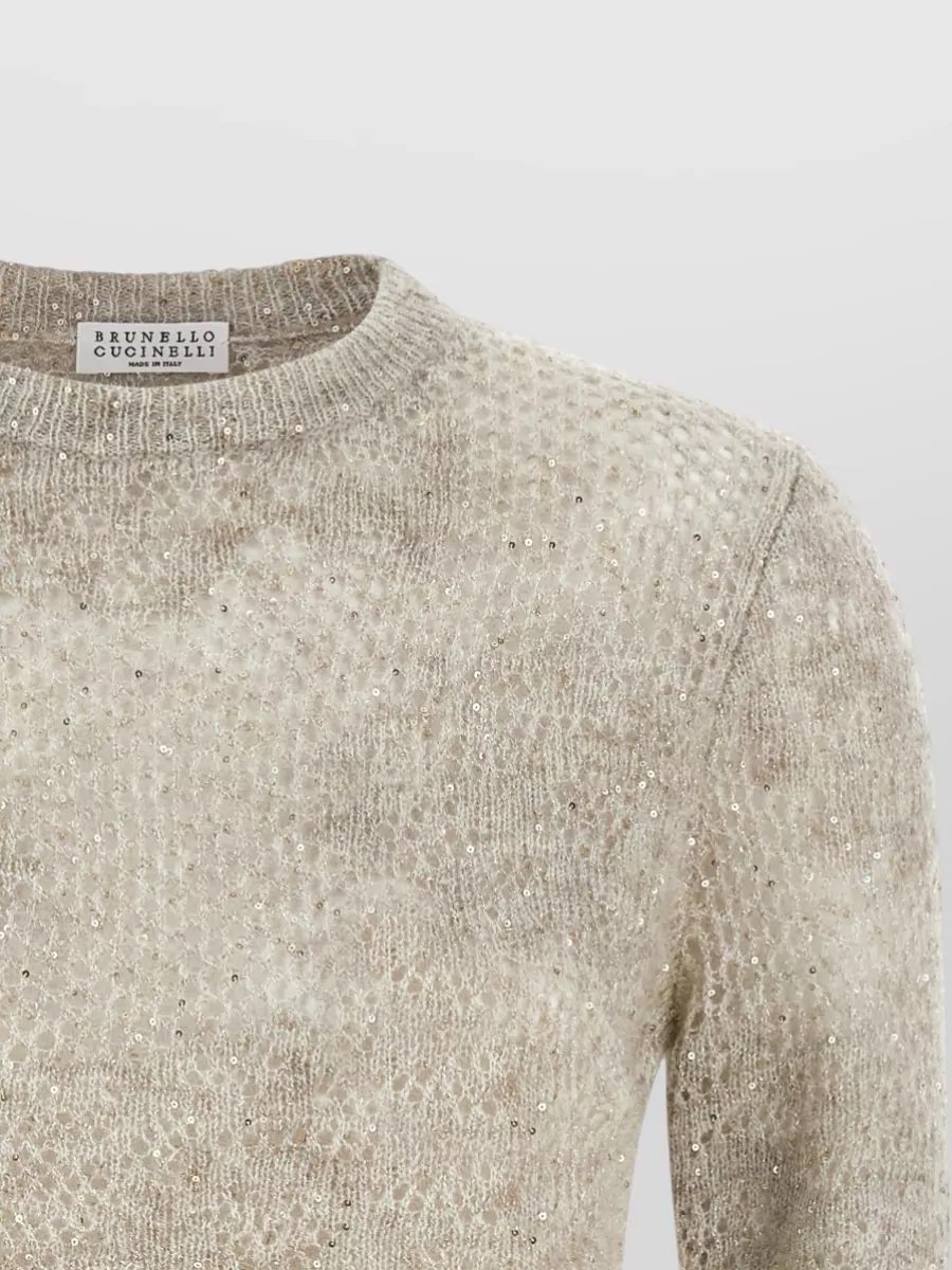 Brunello Cucinelli Flower Lace Sequin Mesh Knit Sweater