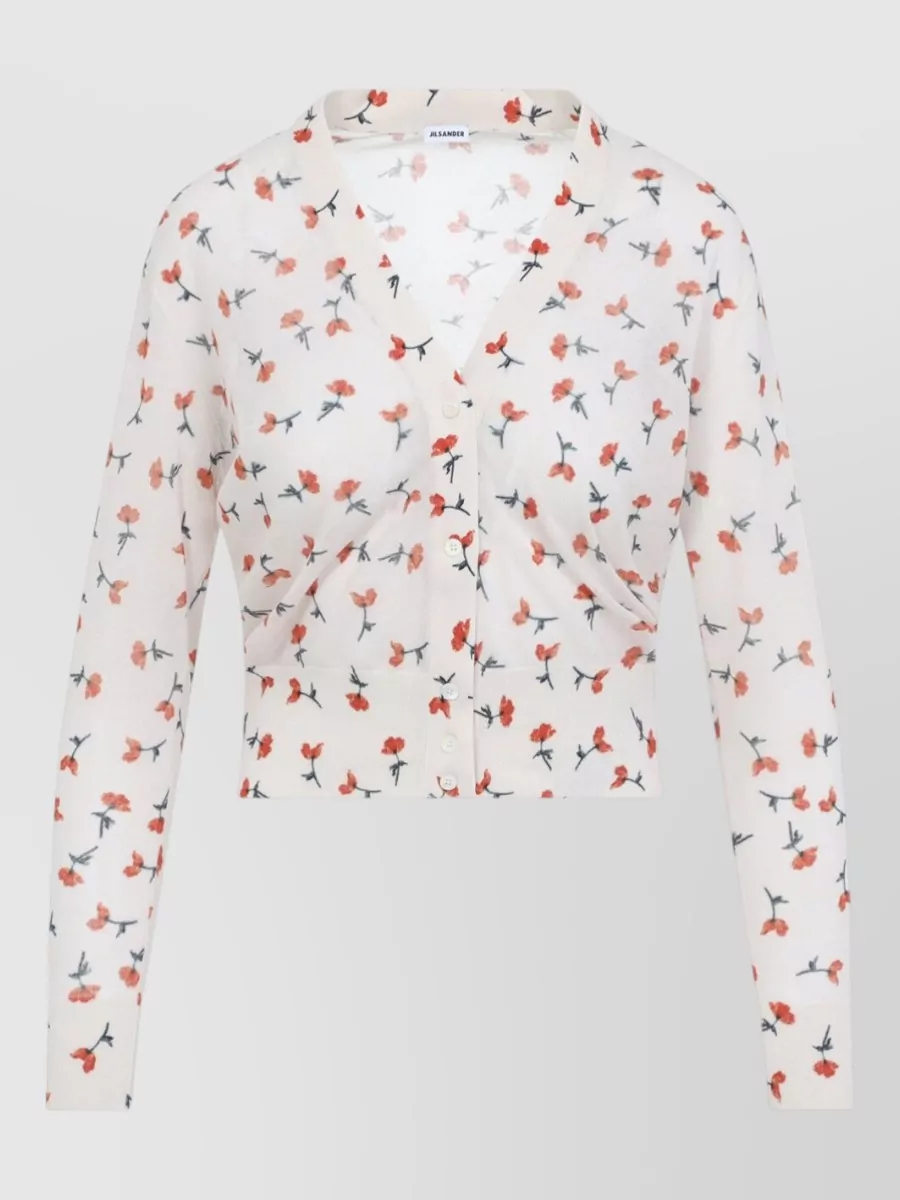 Jil Sander Floral-Print Cropped V-Neck Cardigan
