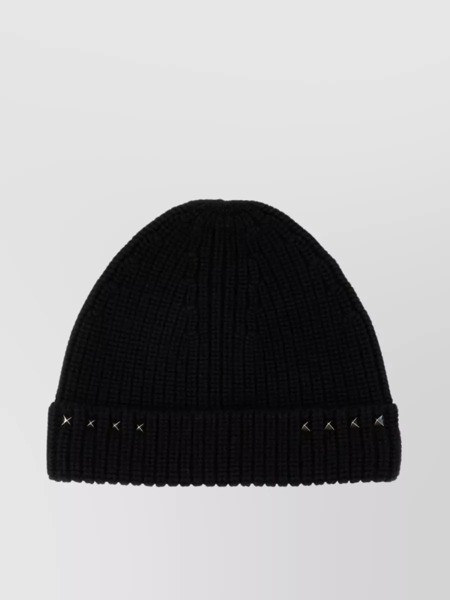 Shop Valentino Foldable Ribbed Wool Beanie With Metal Studs In Black