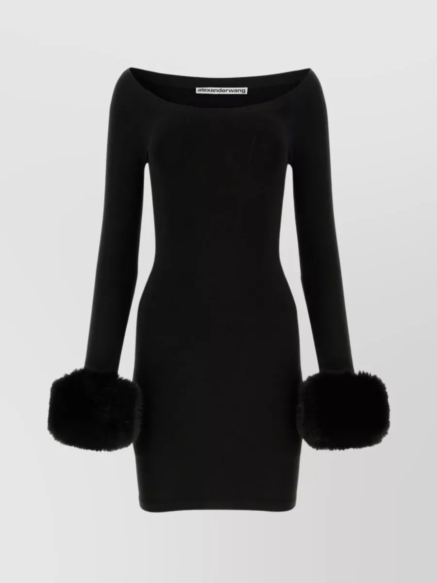 Shop Alexander Wang Boat Neck Dress With Long Sleeves And Fur Cuffs In Black