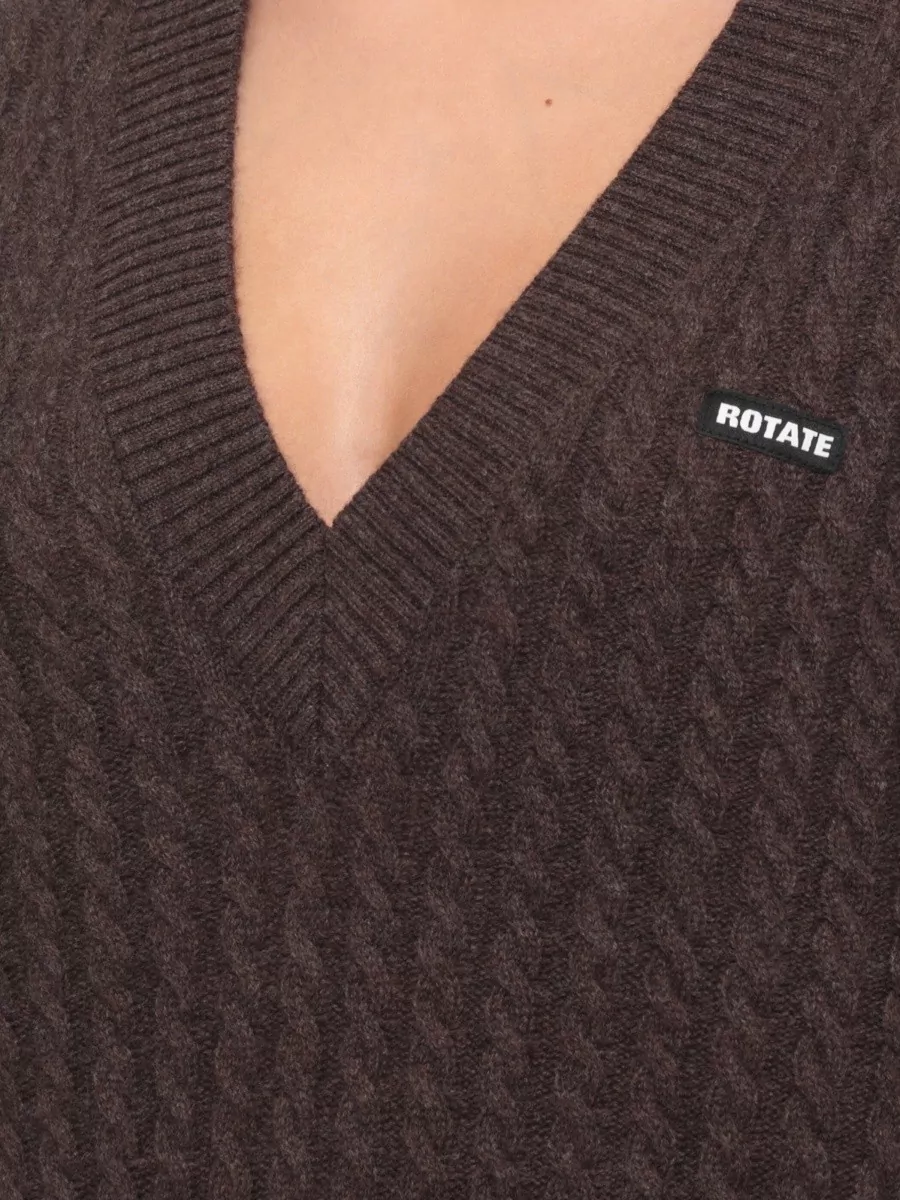 Rotate Cable-Knit V-Neck Wool Cashmere Sweater