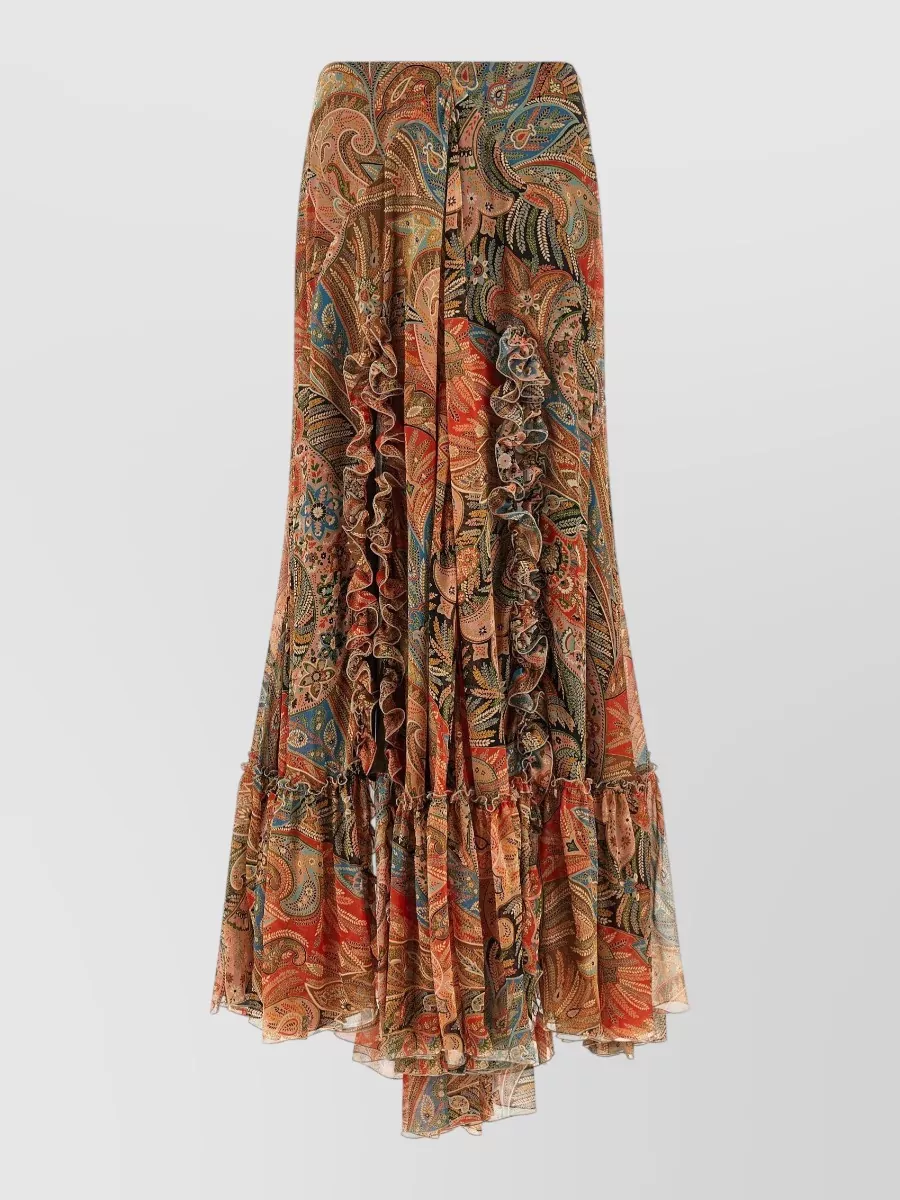 Etro Silk Paisley Printed Ruffled Asymmetric Maxi Skirt