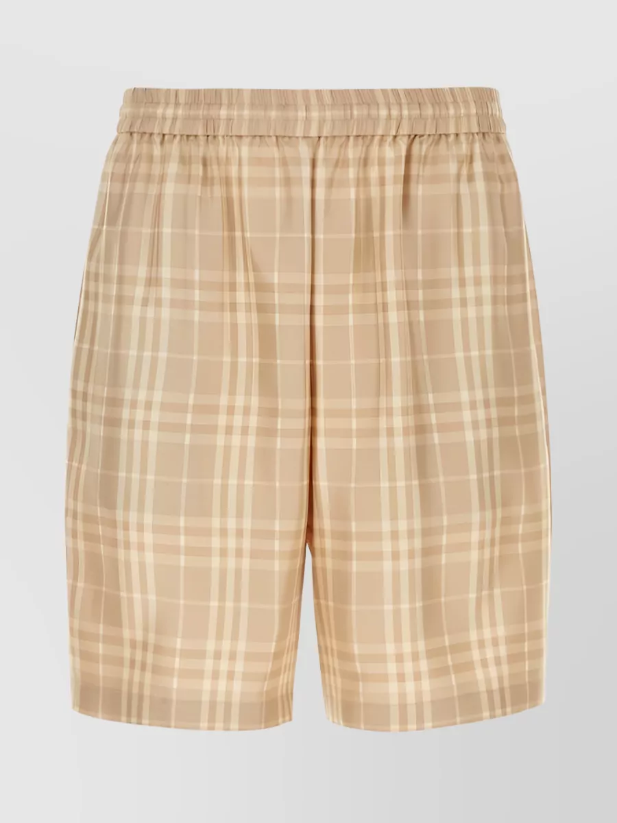 Shop Burberry Silk Checkered Elastic Waist Shorts In Cream