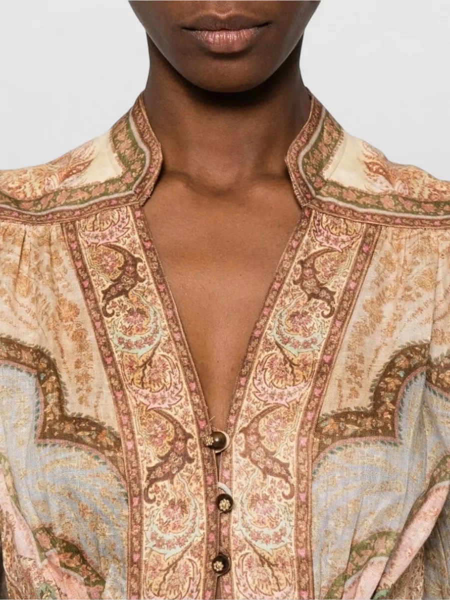 Zimmermann Linen Maxi Dress Paisley Sheer Long Sleeves