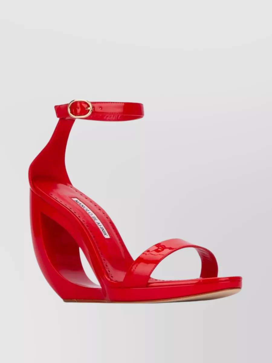Shop Manolo Blahnik Rocar Wedge Sandals With Glossy Ankle Strap In Burgundy