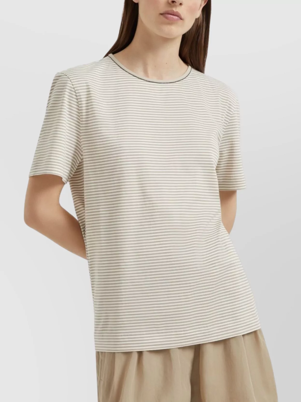 Brunello Cucinelli Striped Crew Neck T-shirt With Keyhole Detail In Neutral