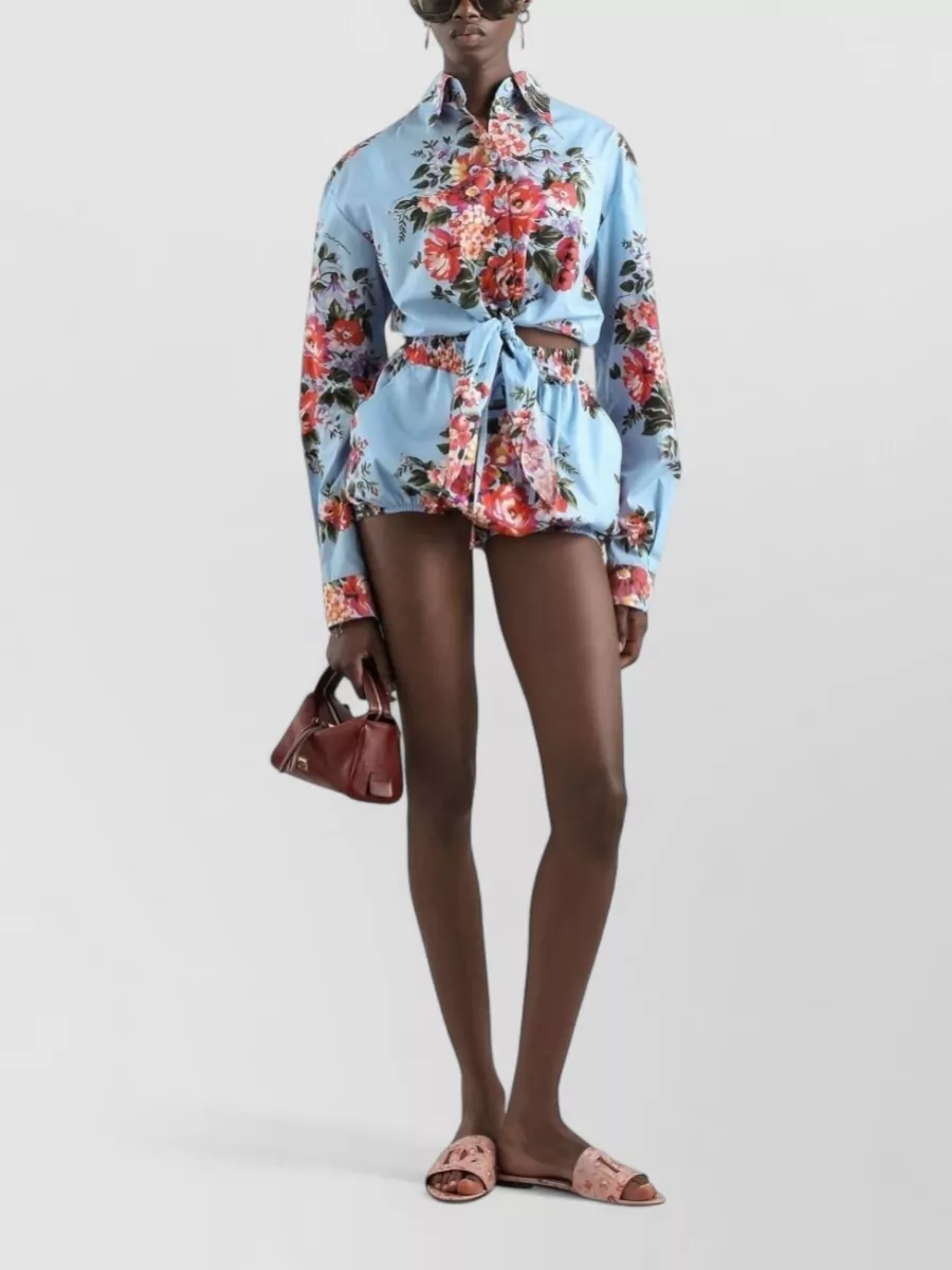 Dolce&Gabbana Cotton Floral Print Knotted Long Sleeve Blouse