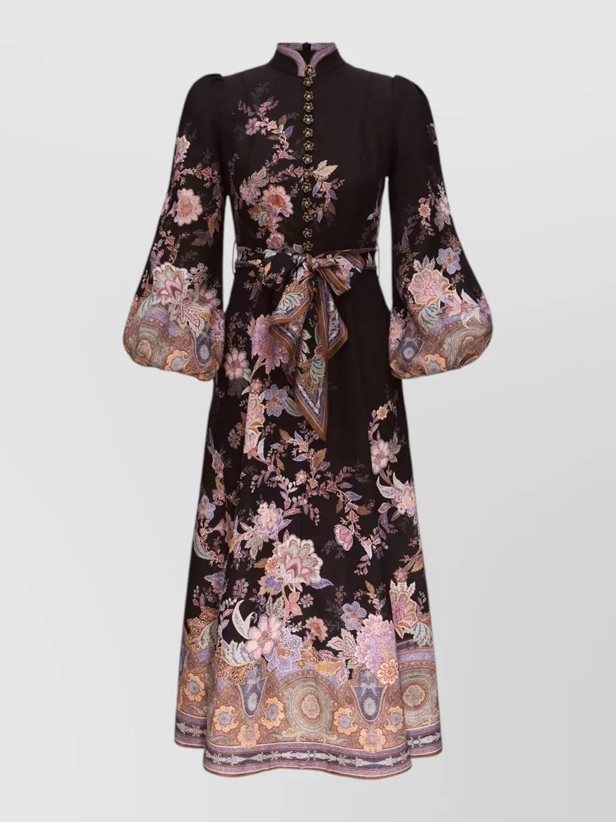 Zimmermann Linen floral-print gathered long-sleeve midi dress