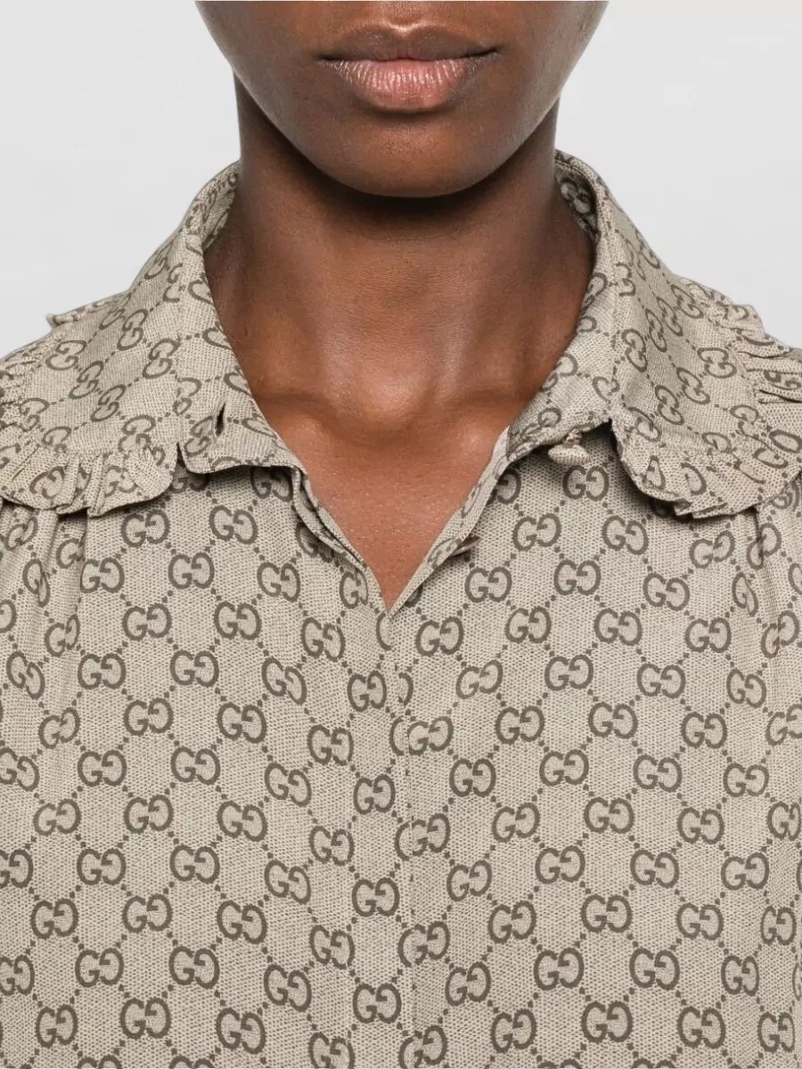 Gucci Silk Gg Print Ruffled Long-Sleeve Shirt