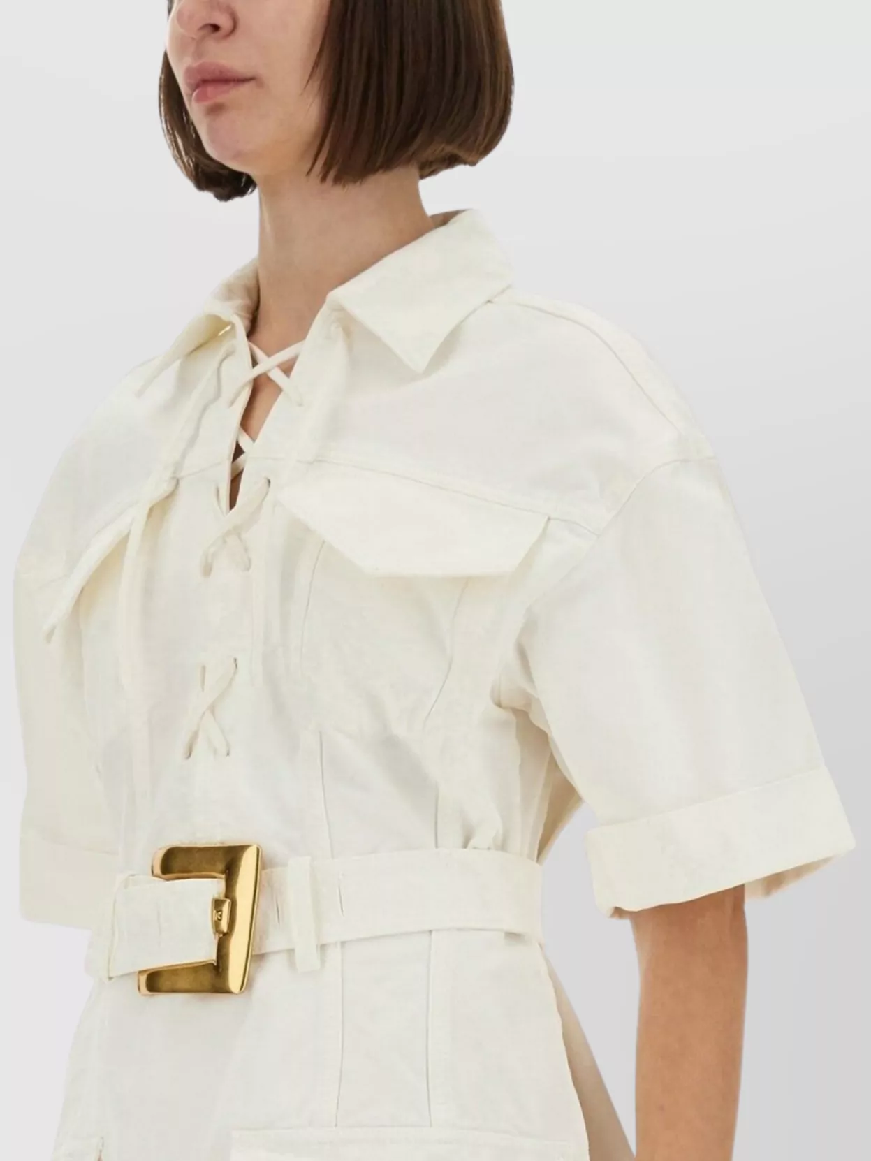 Balmain Short Dress With Belted Waist And Front Pockets In Neutral