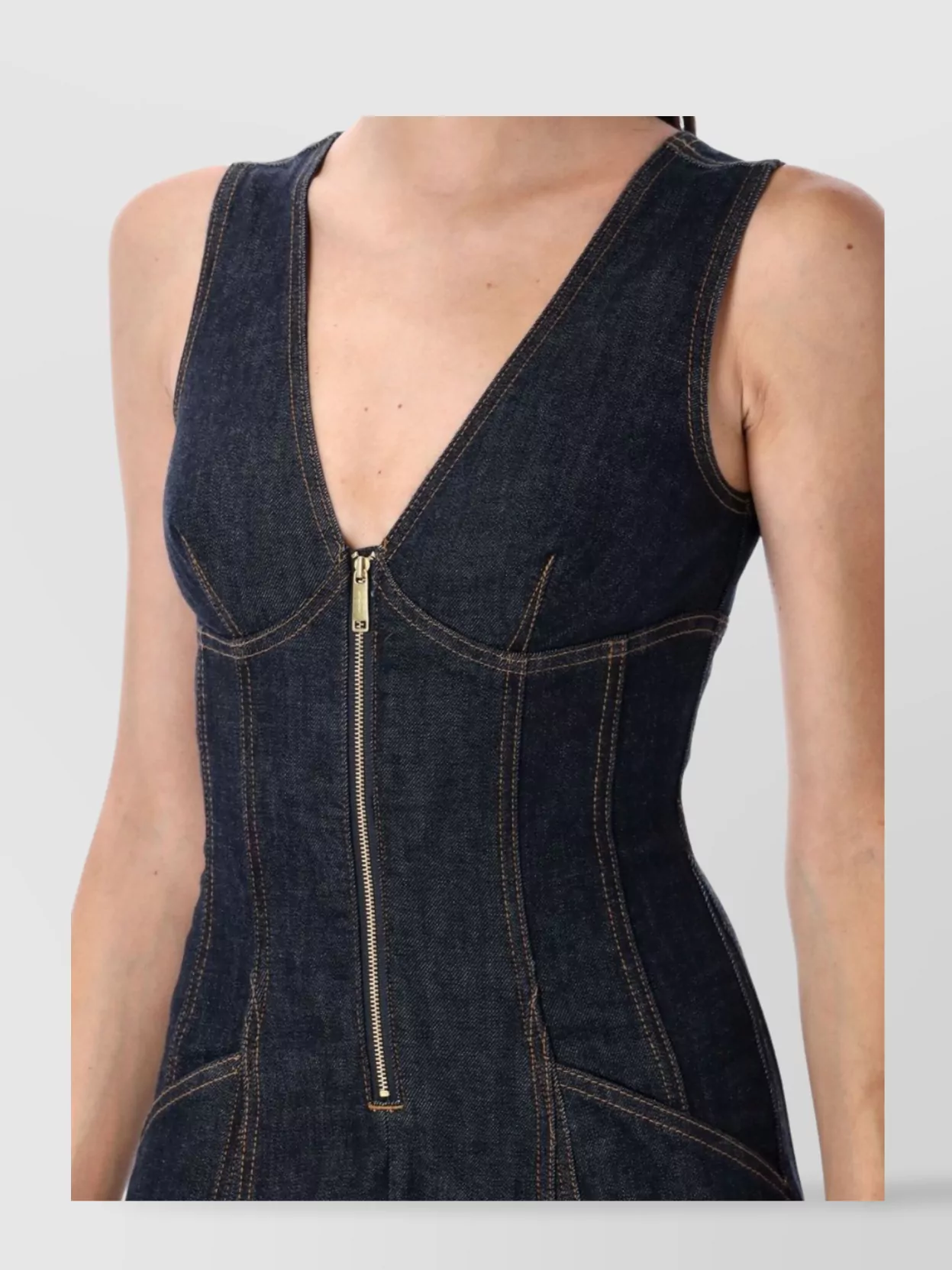 Self-Portrait Sleeveless V-Neck Denim Dress With Contrast Stitching