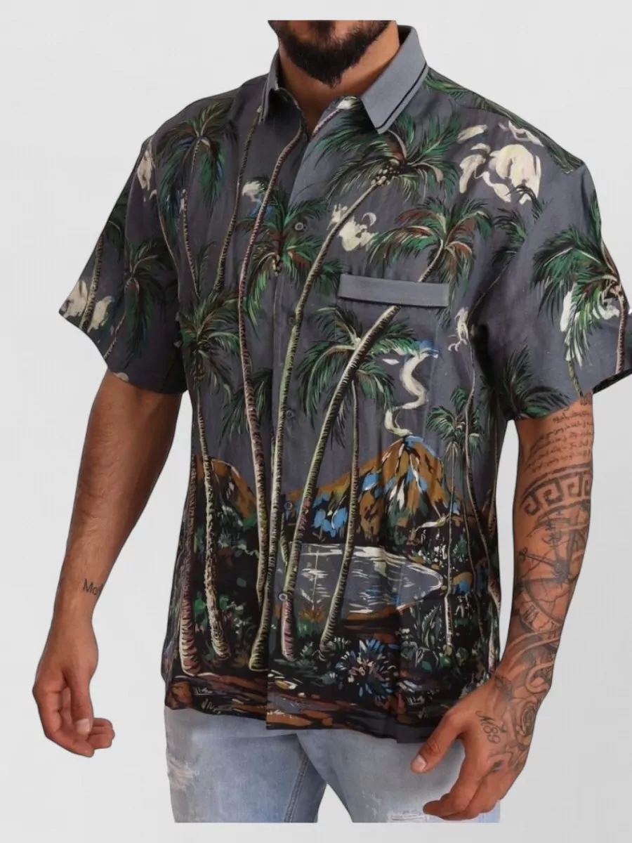 Dolce&Gabbana Linen Silk Tropical Print Short-Sleeve Shirt