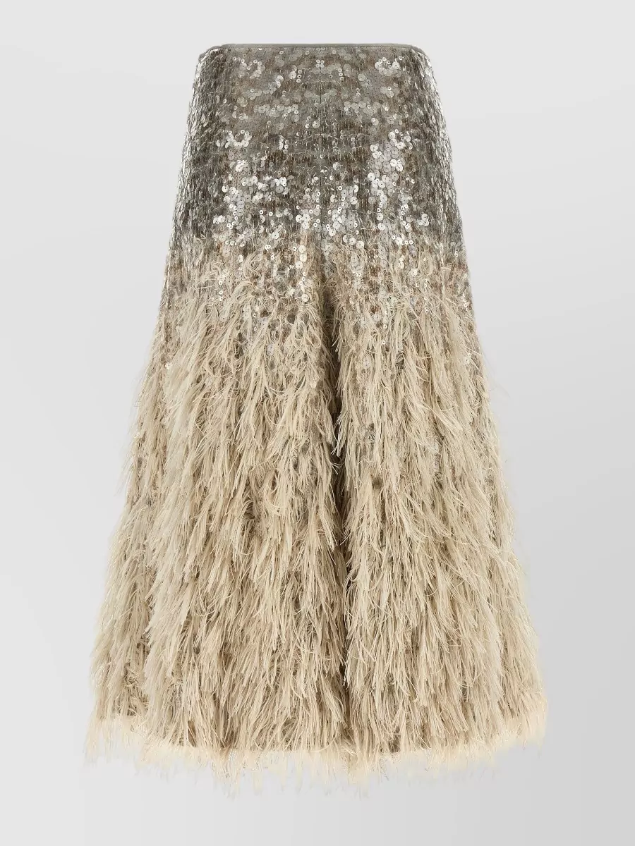 Brunello Cucinelli Silk Sequin-Embellished Fringe Midi A-Line Skirt