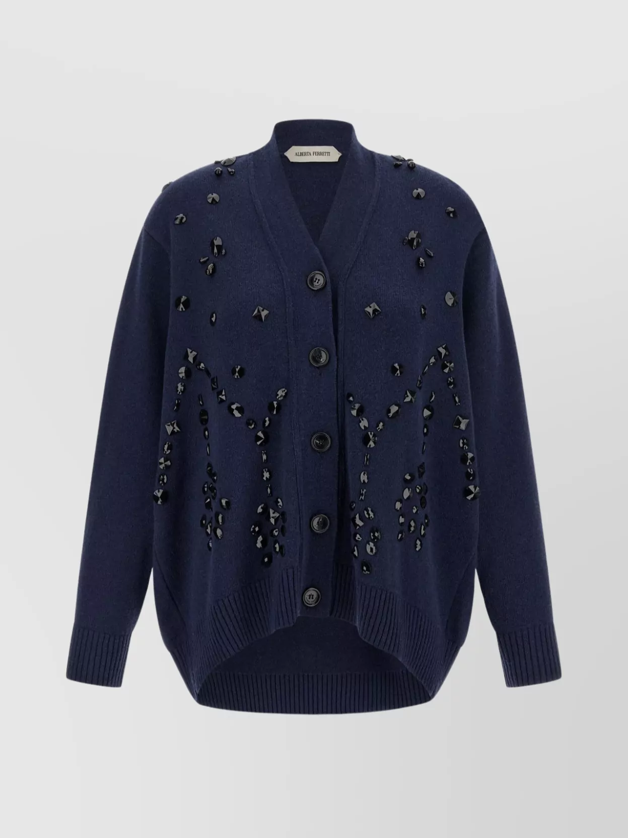 Alberta Ferretti V-neck Cashmere And Silk Blend Cardigan With Crystal Embroidery In Blue