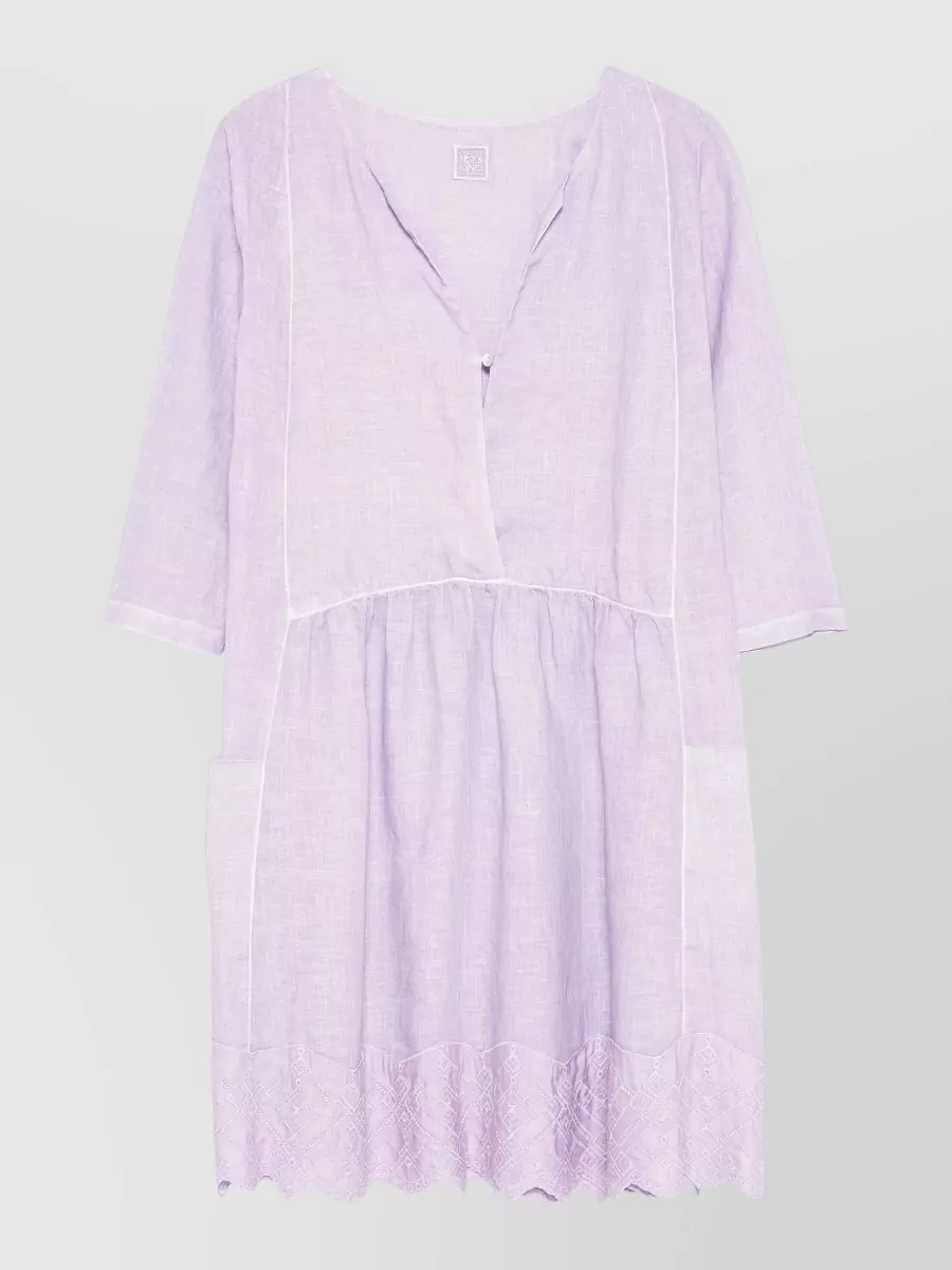 120% Lino Linen V-Neck Embroidered Knee-Length Dress