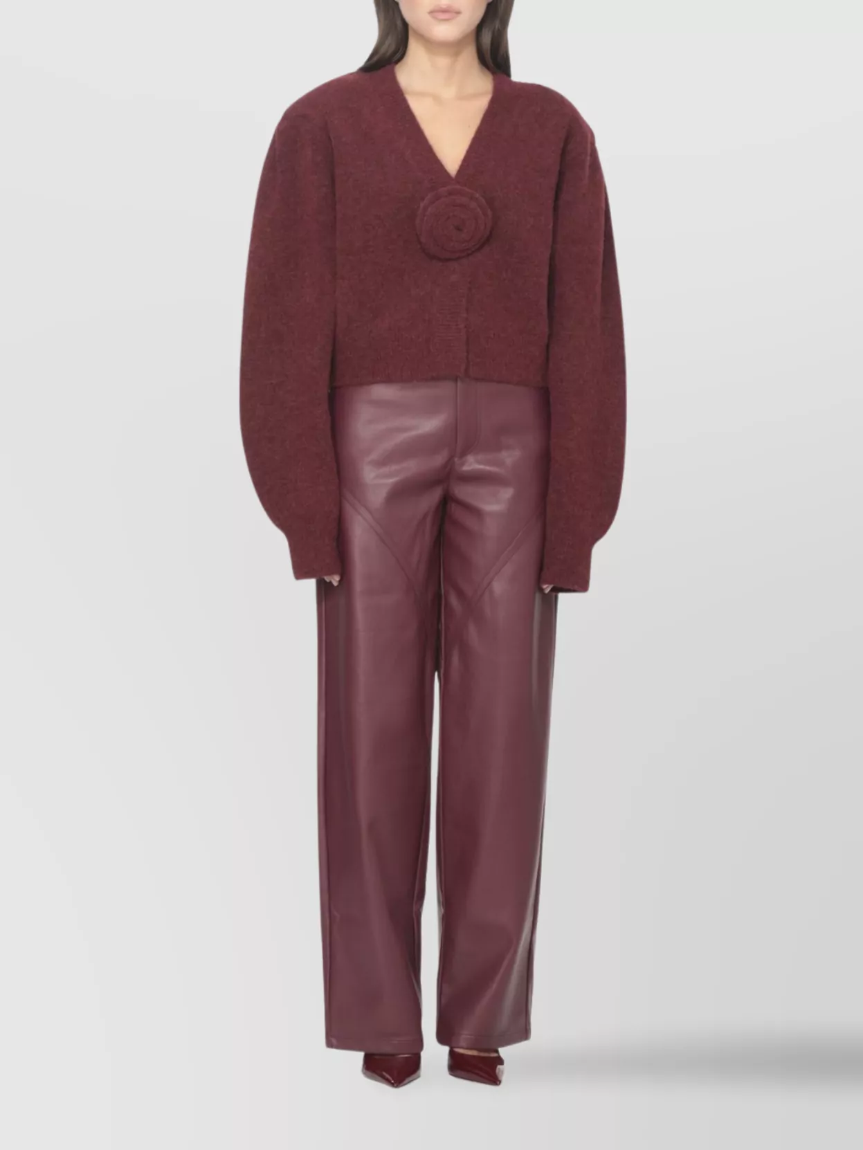 Rotate Birger Christensen Rotate Cropped Burgundy Sweater With Deep V-neckline And Floral Embellishment In Burgundy