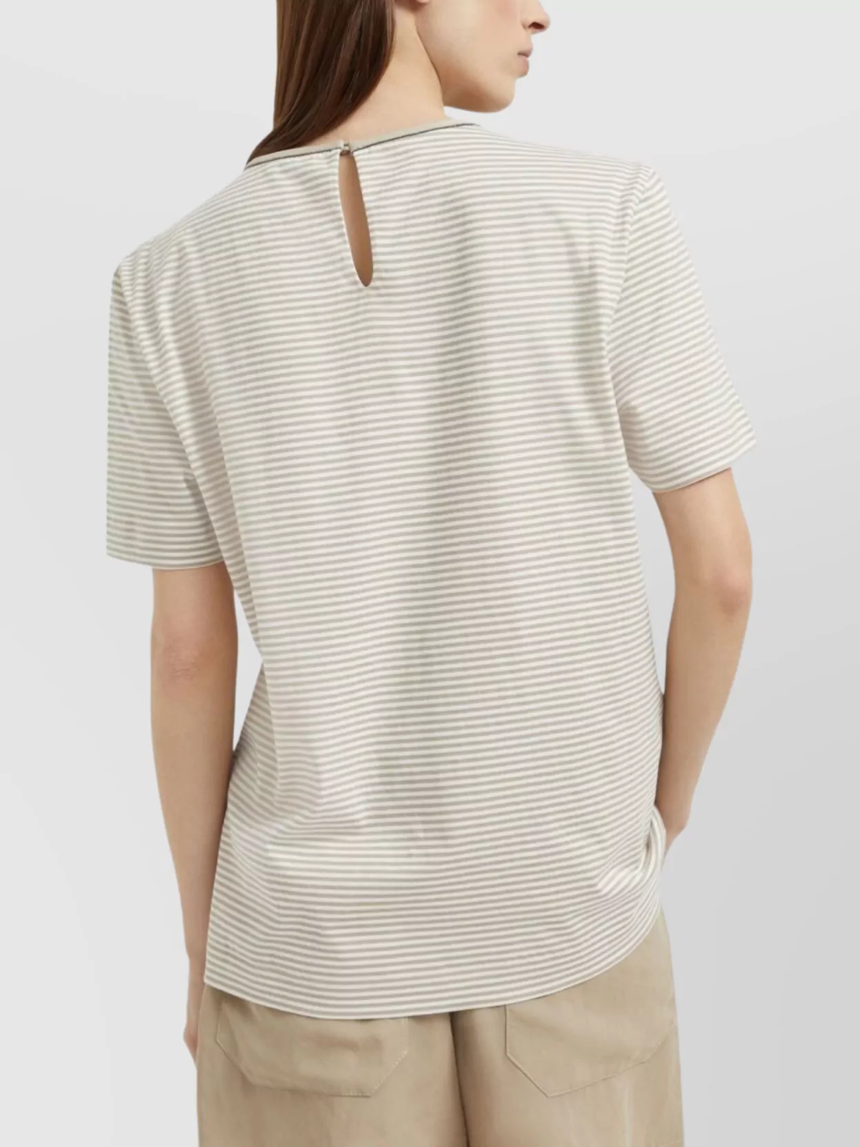Brunello Cucinelli Striped Crew Neck T-shirt With Keyhole Detail In Neutral