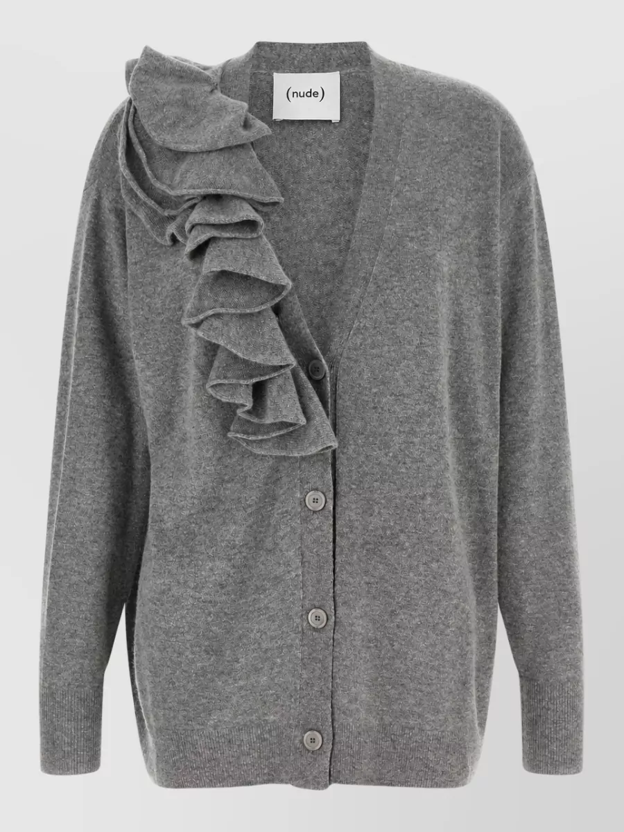 Nude cashmere-blend oversized ribbed v-neck ruffle cardigan