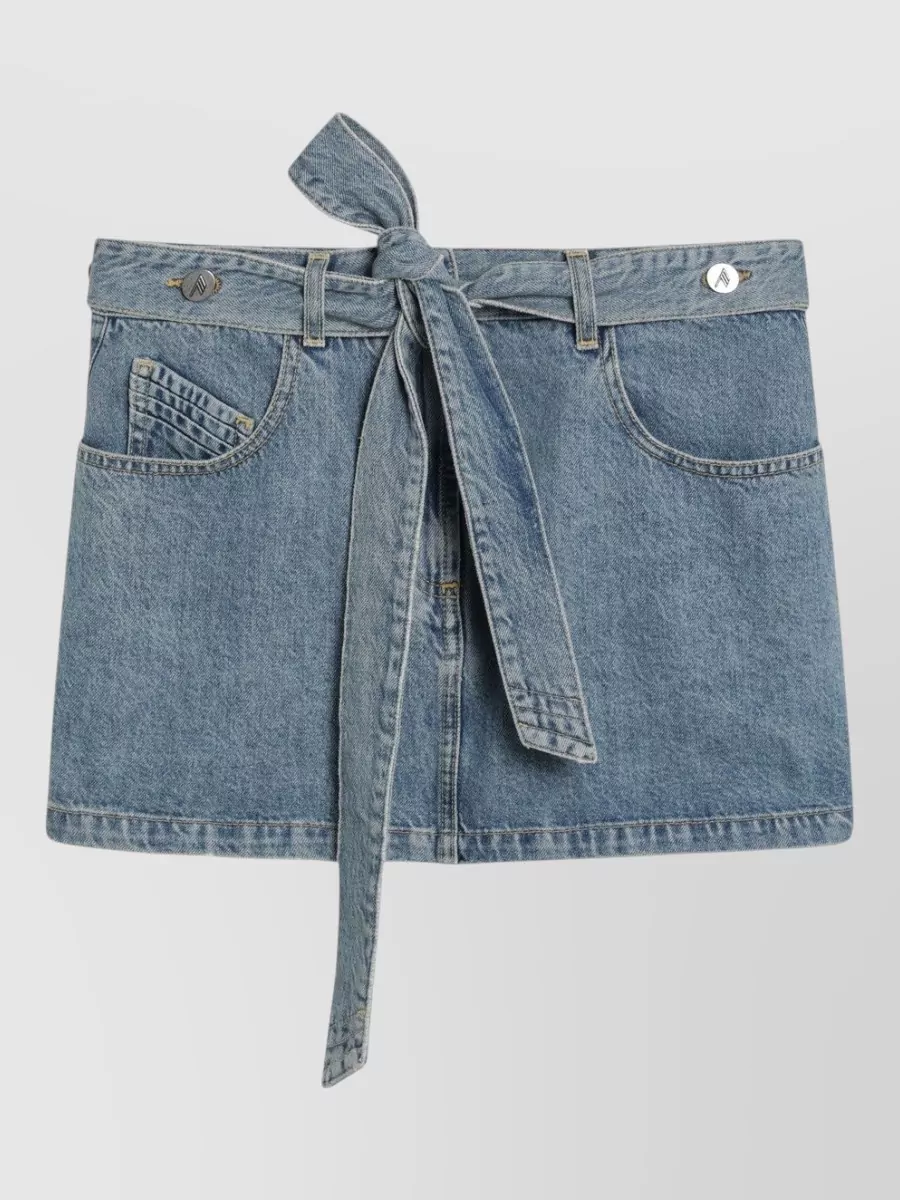 Attico Denim Mini Skirt With Pockets And Belt In Blue
