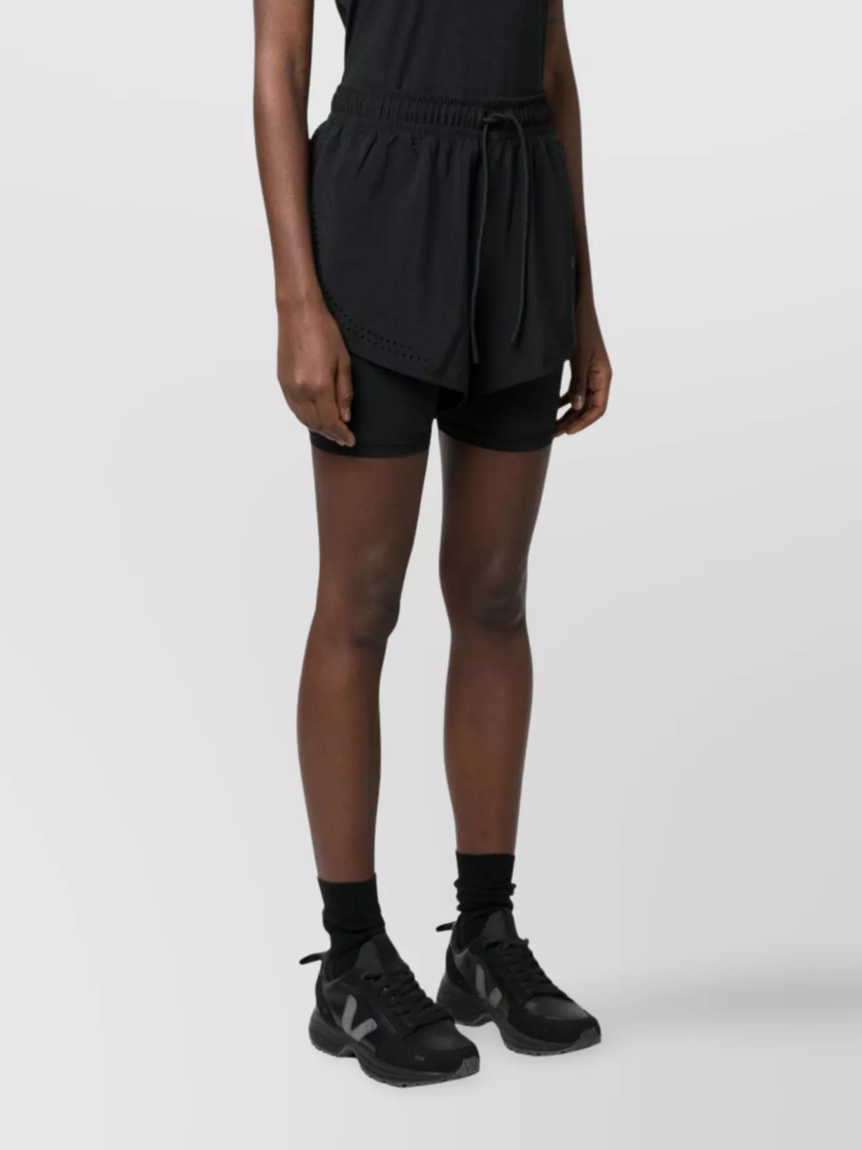 ADIDAS BY STELLA MCCARTNEY LAYERED HIGH-WAISTED SHORTS PERFORATED DETAILING