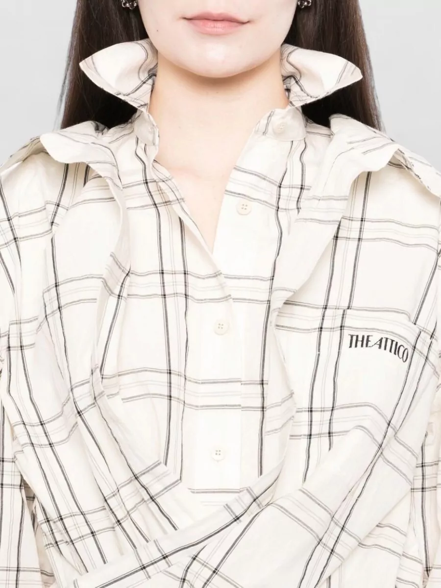 The Attico Embroidered Checked Cotton Asymmetric Mini Shirt Dress