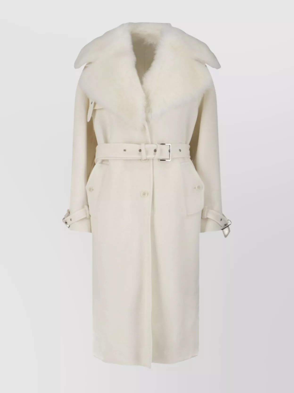 Ermanno Scervino Single-breasted Midi Tailored Coat With Belt And Collar In Real Sheepskin Fur In White