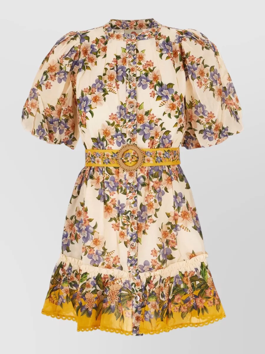 Farm Rio Floral-print belted crinkled mini dress