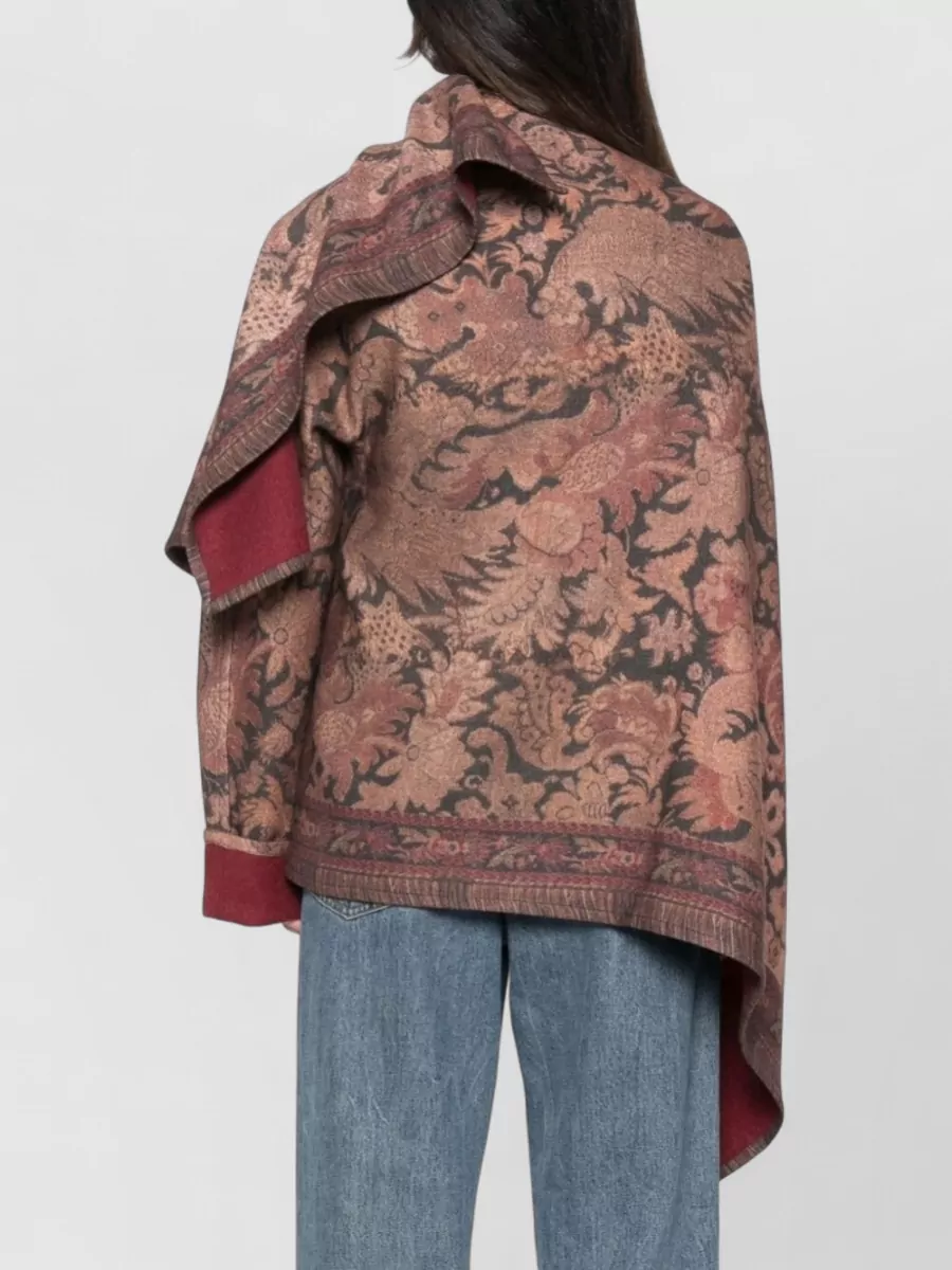 Pierre Louise Mascia Wool Floral-Print Asymmetric Draped Cape