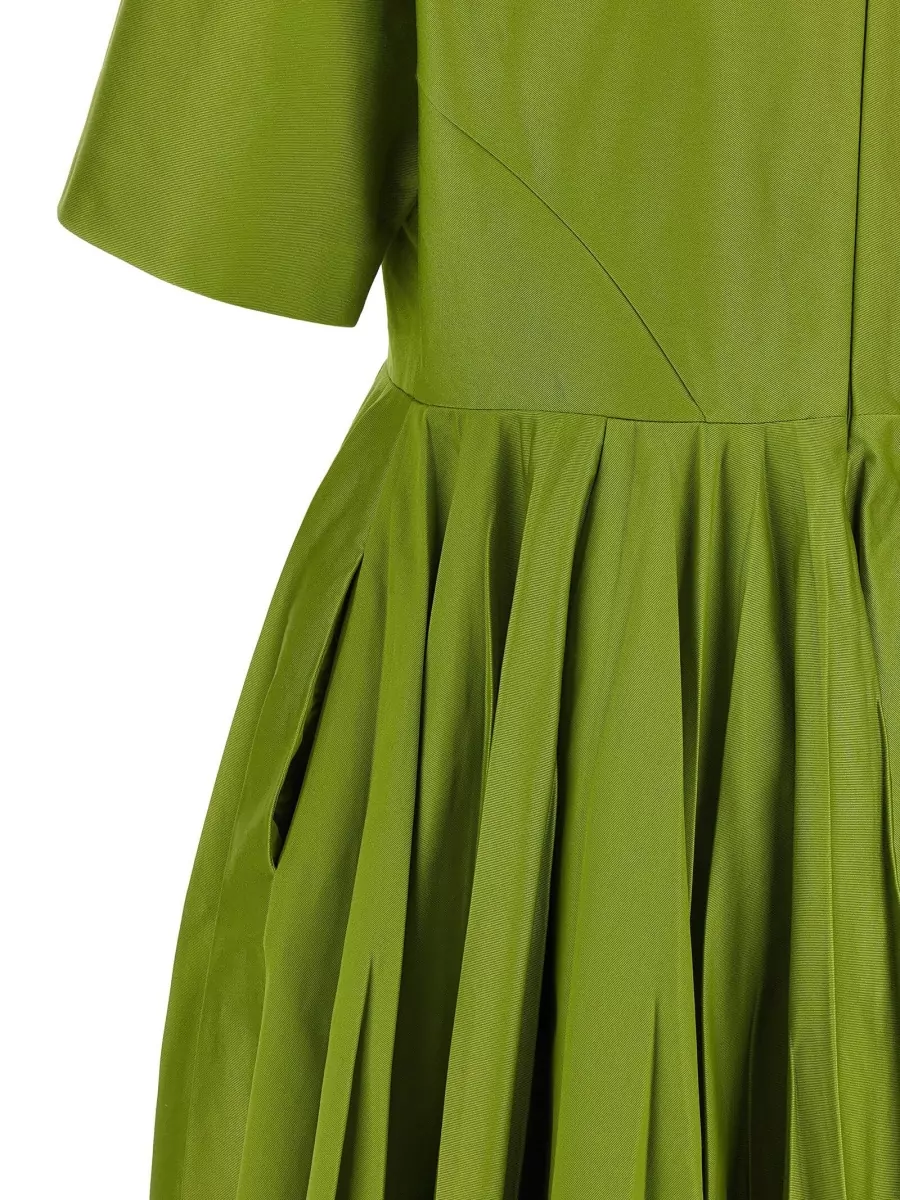 Prada Cotton Chino Boat Neck Short Sleeve Pleated Midi Dress