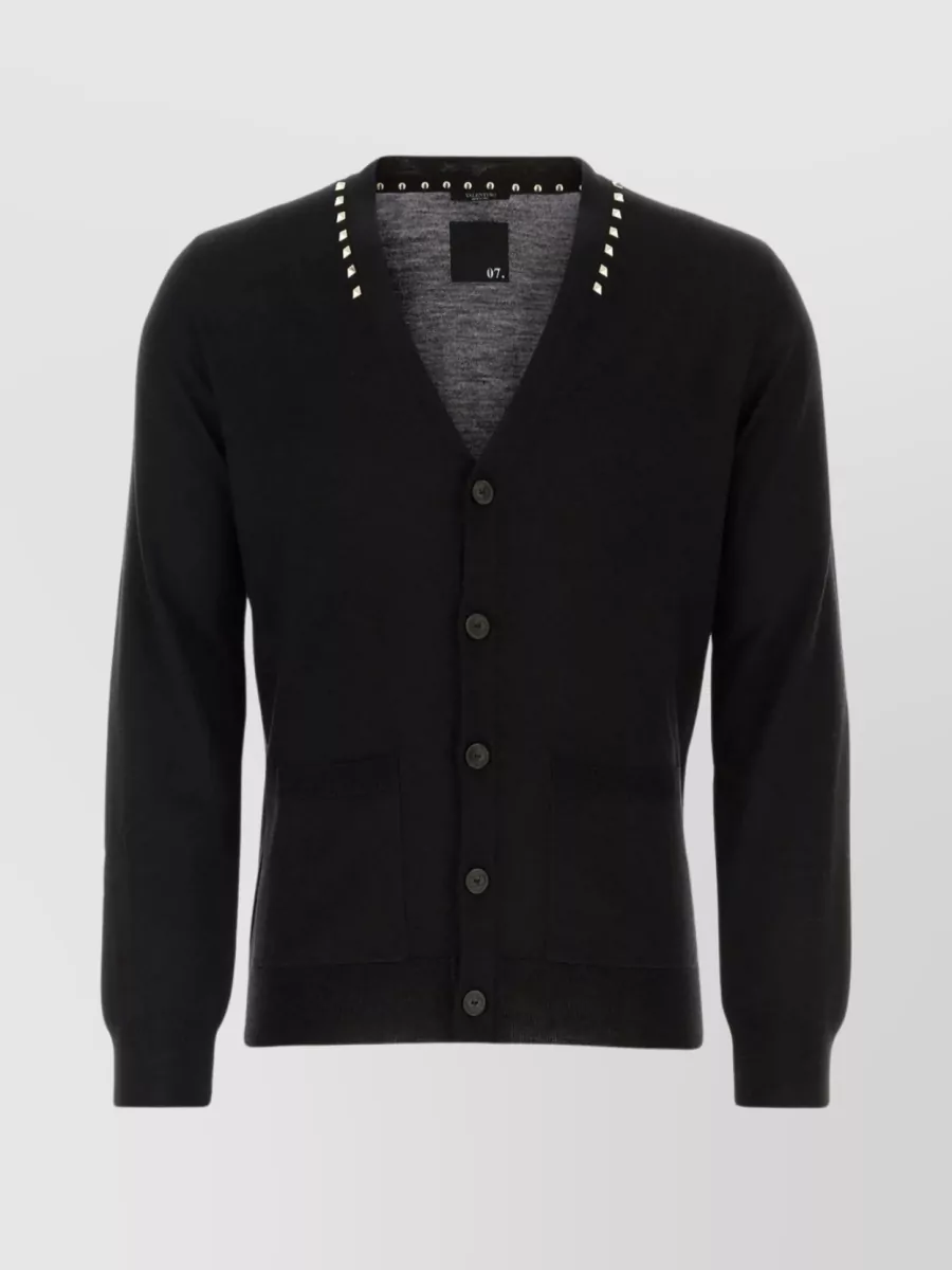 Shop Valentino Studded V-neck Wool Cardigan In Black