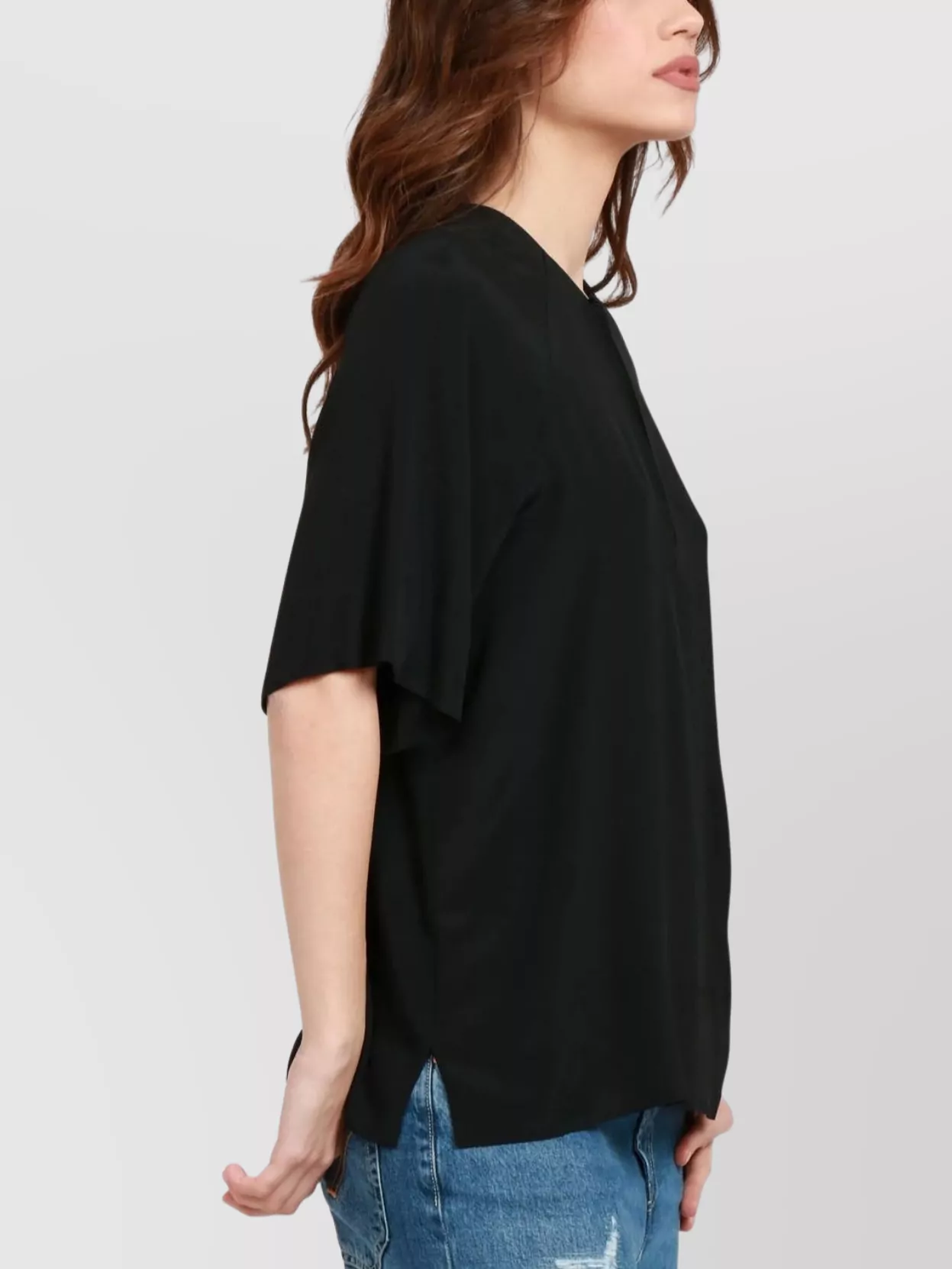 Semicouture Keyhole Short Sleeve Relaxed Fit Top In Black