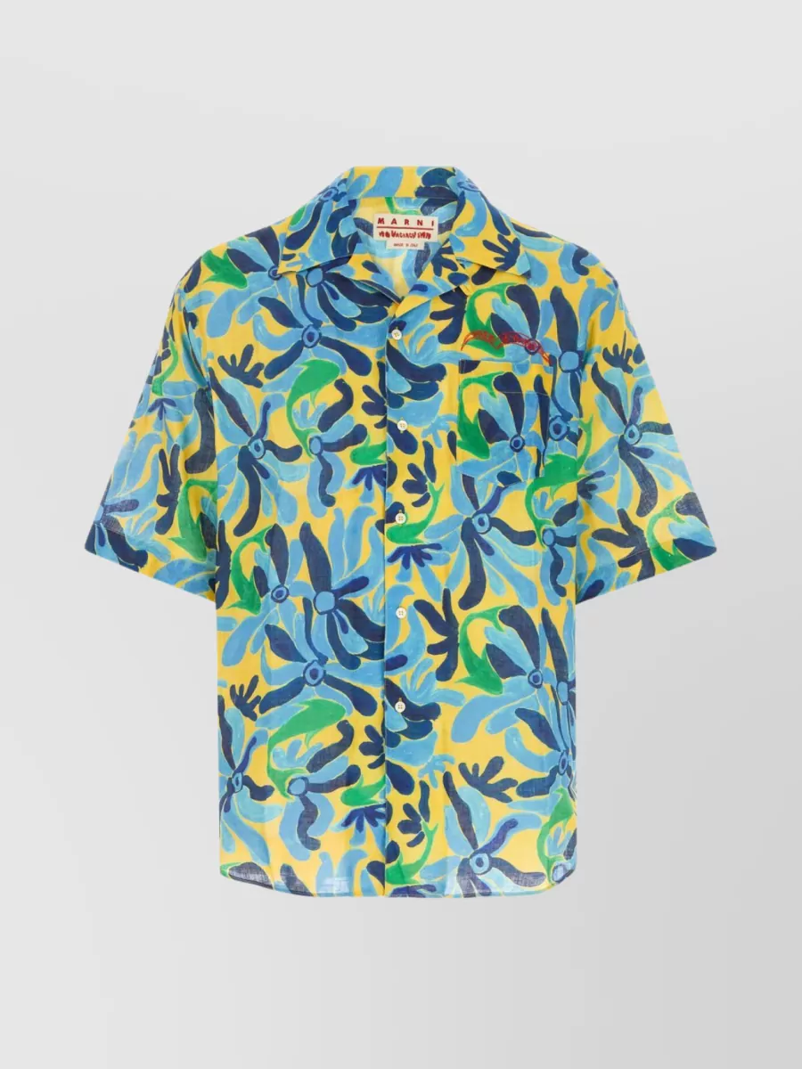 Shop Marni Fish Print Linen Oversize Shirt In Cyan