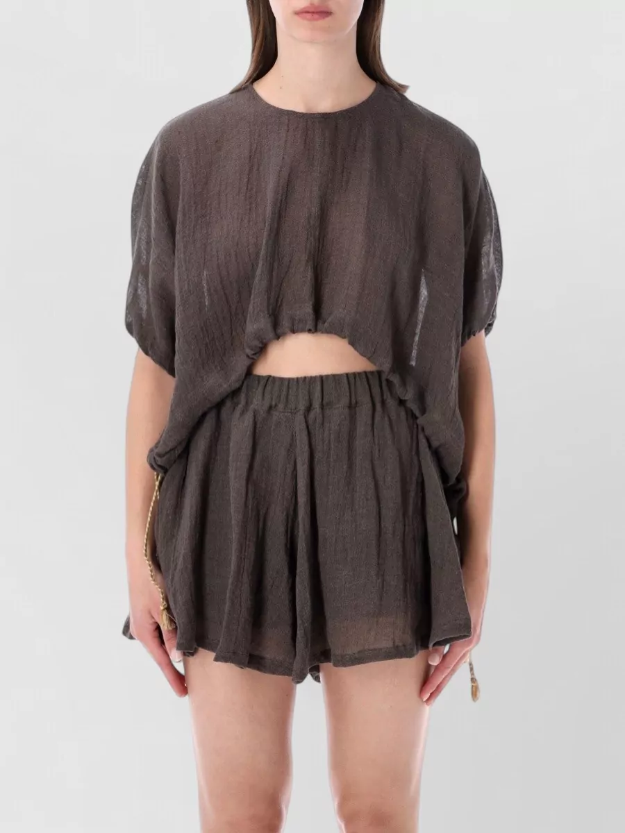 120% Lino Linen Crinkled Cropped Short-Sleeve Blouse