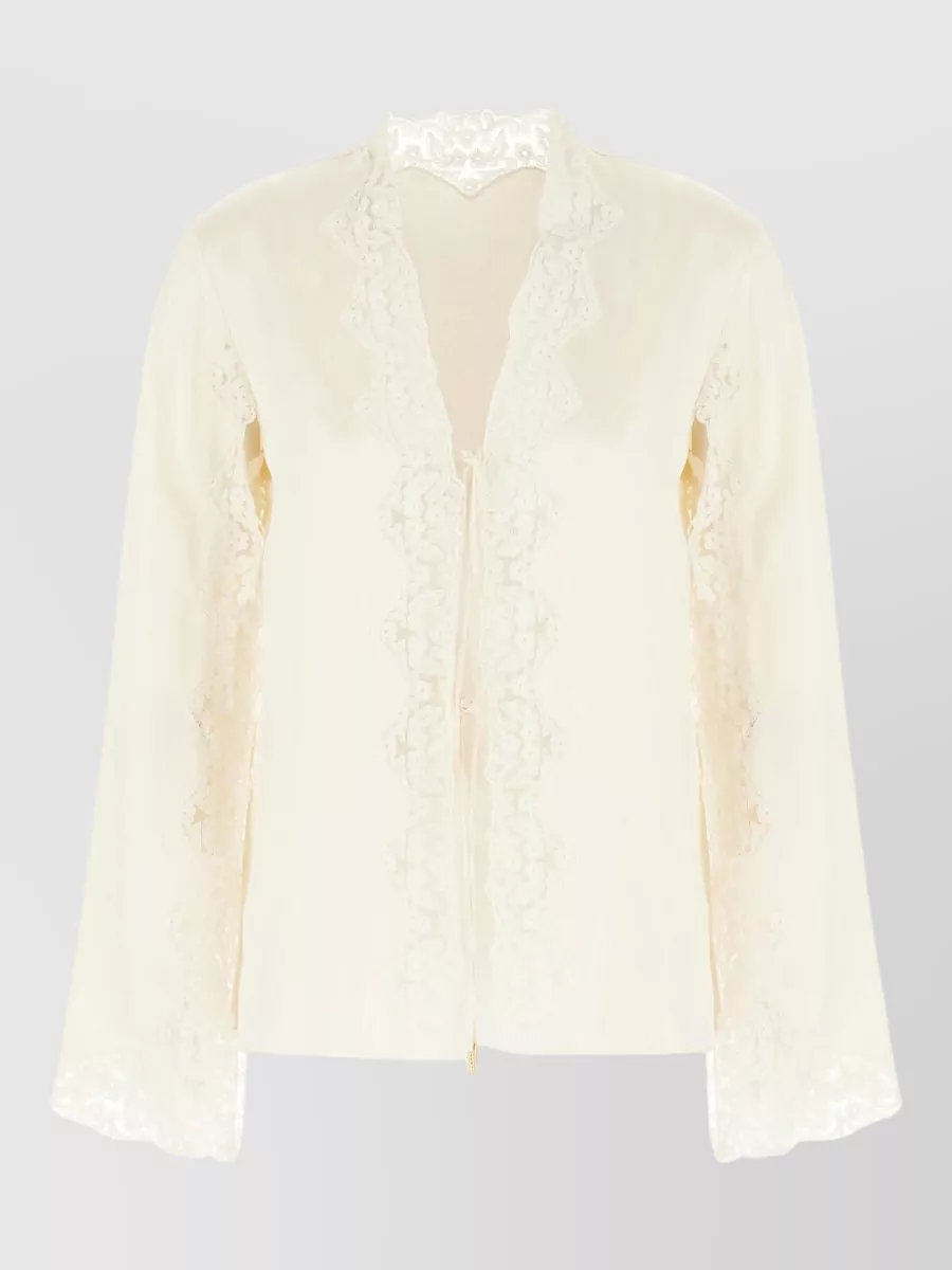 Alberta Ferretti Long Sleeve Lace Trim Open Front Shirt In Neutral