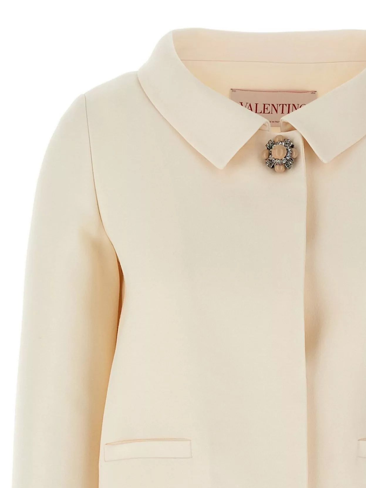 Valentino Garavani White Jacket With Spread Collar And Front Jewel Button In Wool And Silk Woman In Neutrals