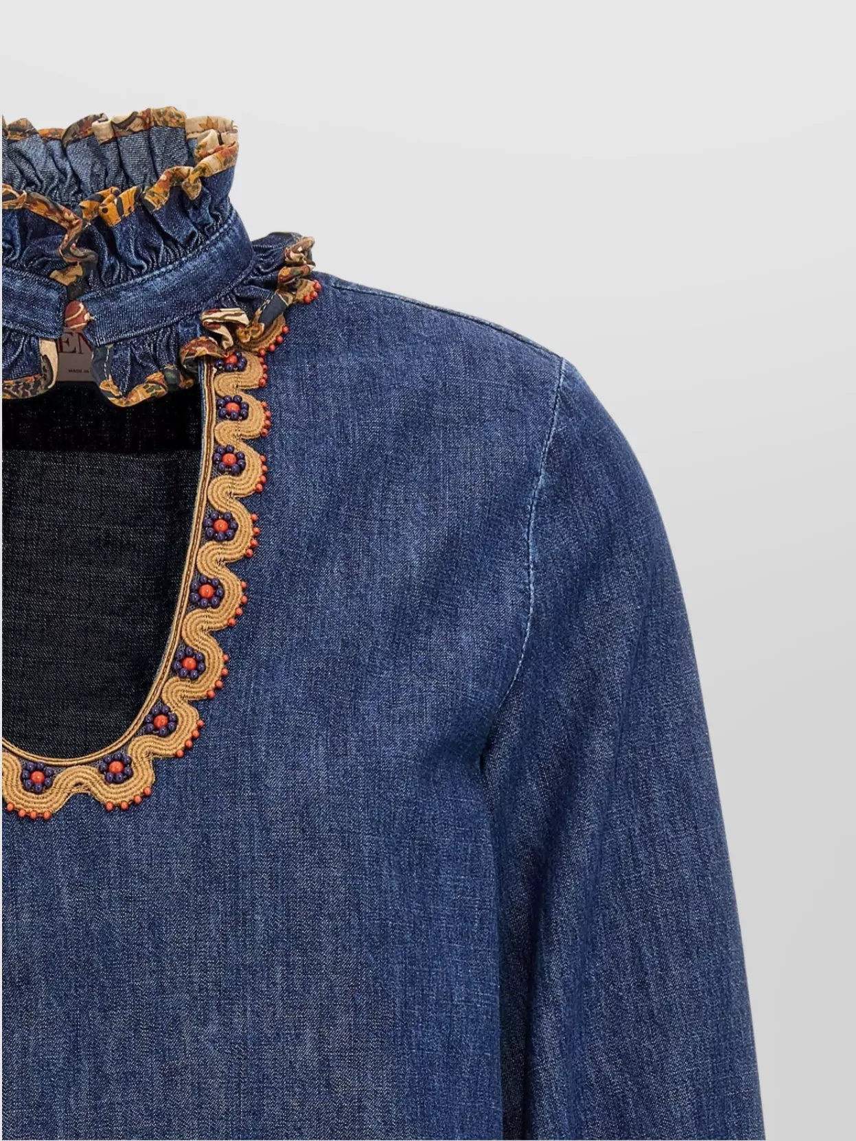 Valentino Womens Embroidered Frilled Cotton-denim Shirt Medium Blue Denim
