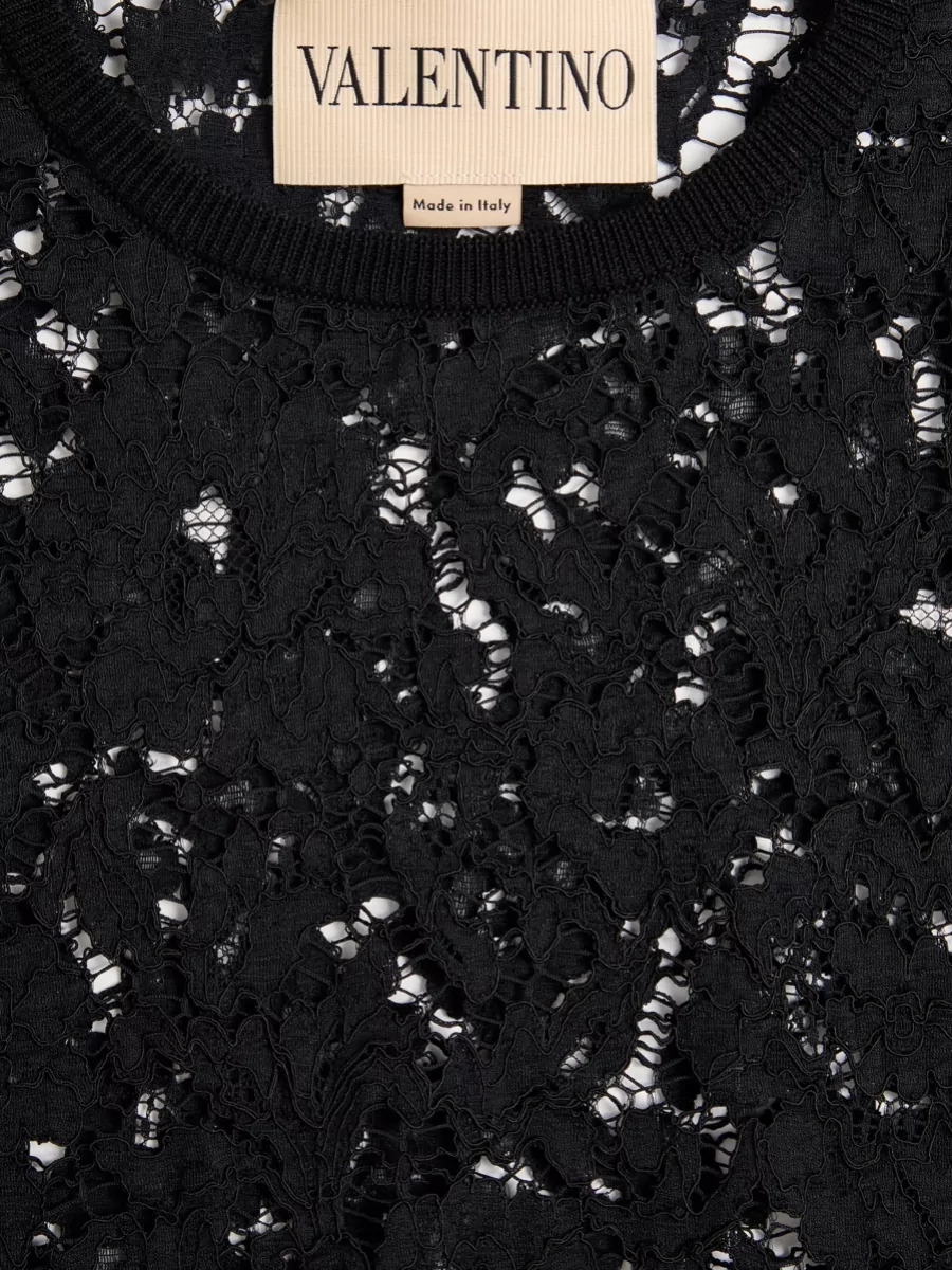 Valentino Garavani Lace Knit Sequin Short Sleeve Top
