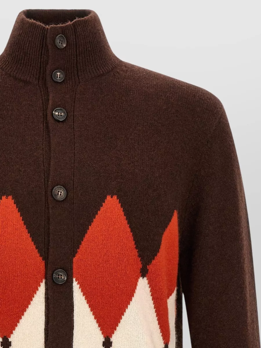 Ballantyne Cashmere Ribbed High-Neck Diamond-Intarsia Cardigan