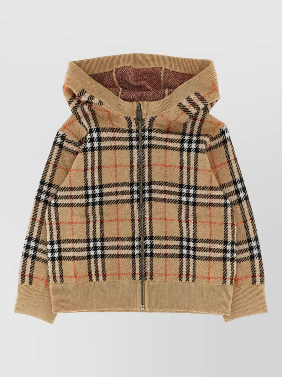 Burberry Wool check hooded zip-up knitted jacket