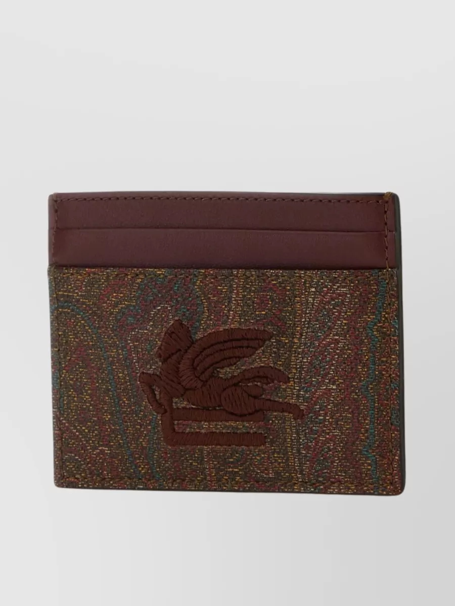 Shop Etro Patterned Fabric And Leather Card Holder In Burgundy