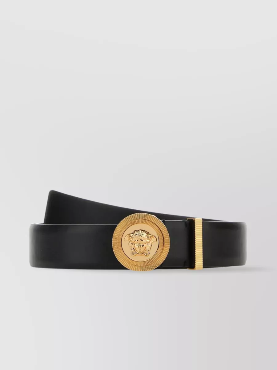 Shop Versace Medusa Streamlined Leather Belt With Adjustable Length And Gold-tone Buckle In Black