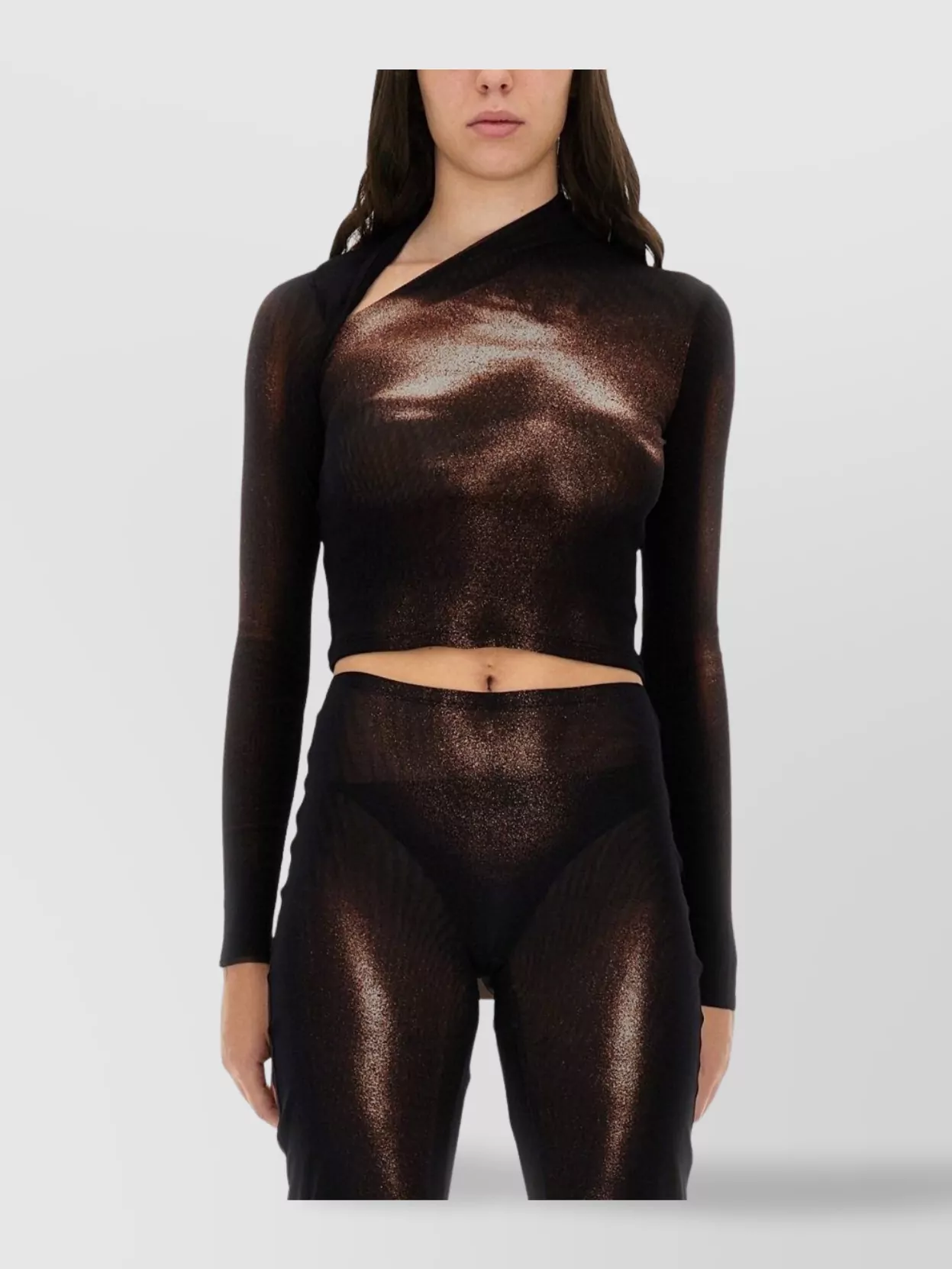 Jean Paul Gaultier Asymmetric Neck Long Sleeve Sheer Top In Brown