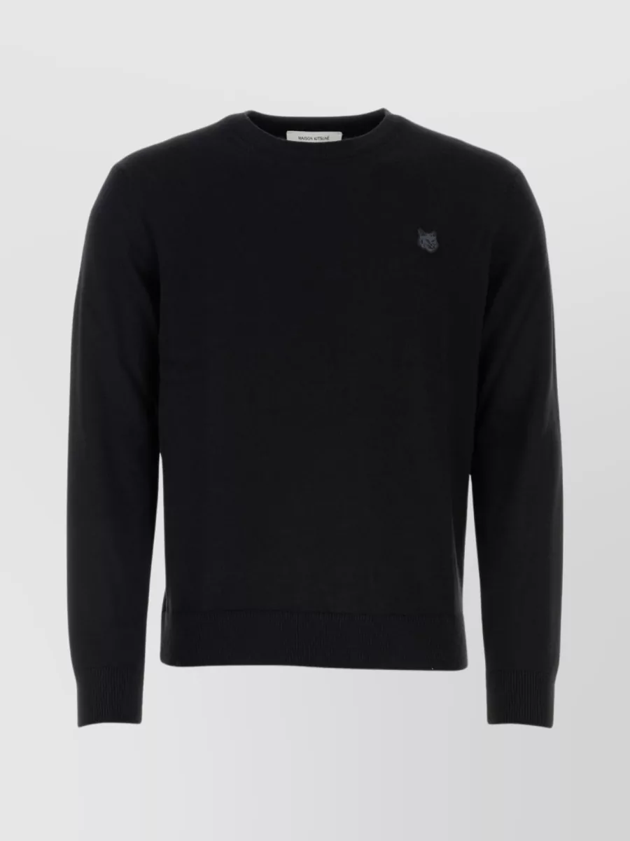 Shop Maison Kitsuné Ribbed Wool Crew-neck Sweater With Fox Patch In Black