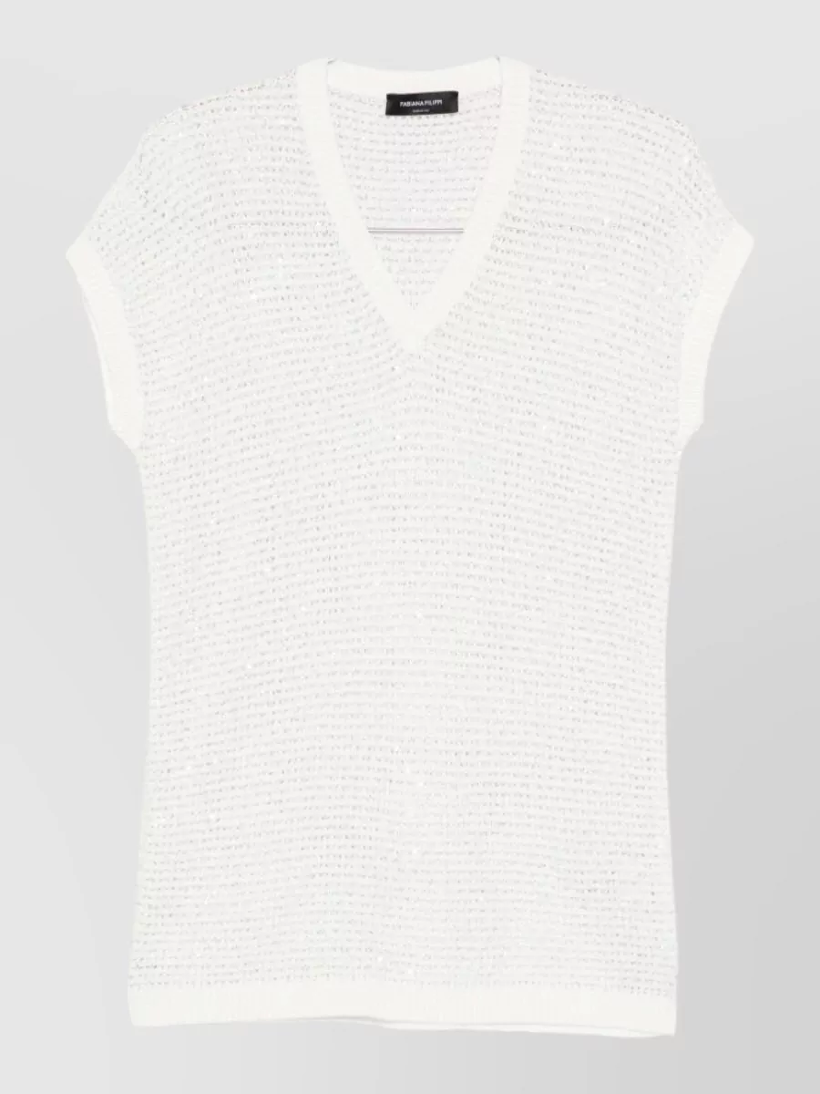 Fabiana Filippi Openwork v-neck short-sleeve sequin-embellished top
