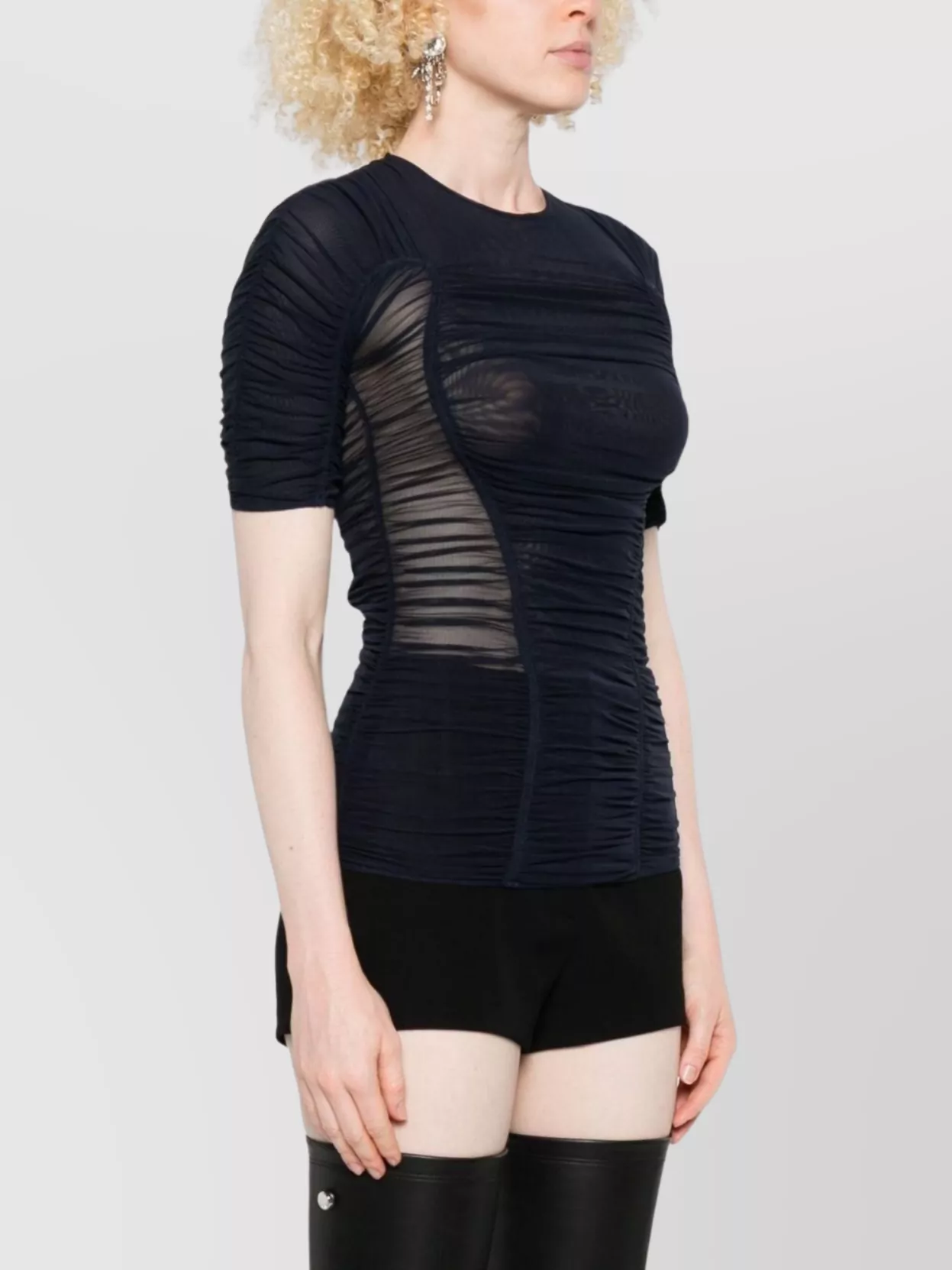 Mugler Crew Neck Mesh Top With Ruched Detailing