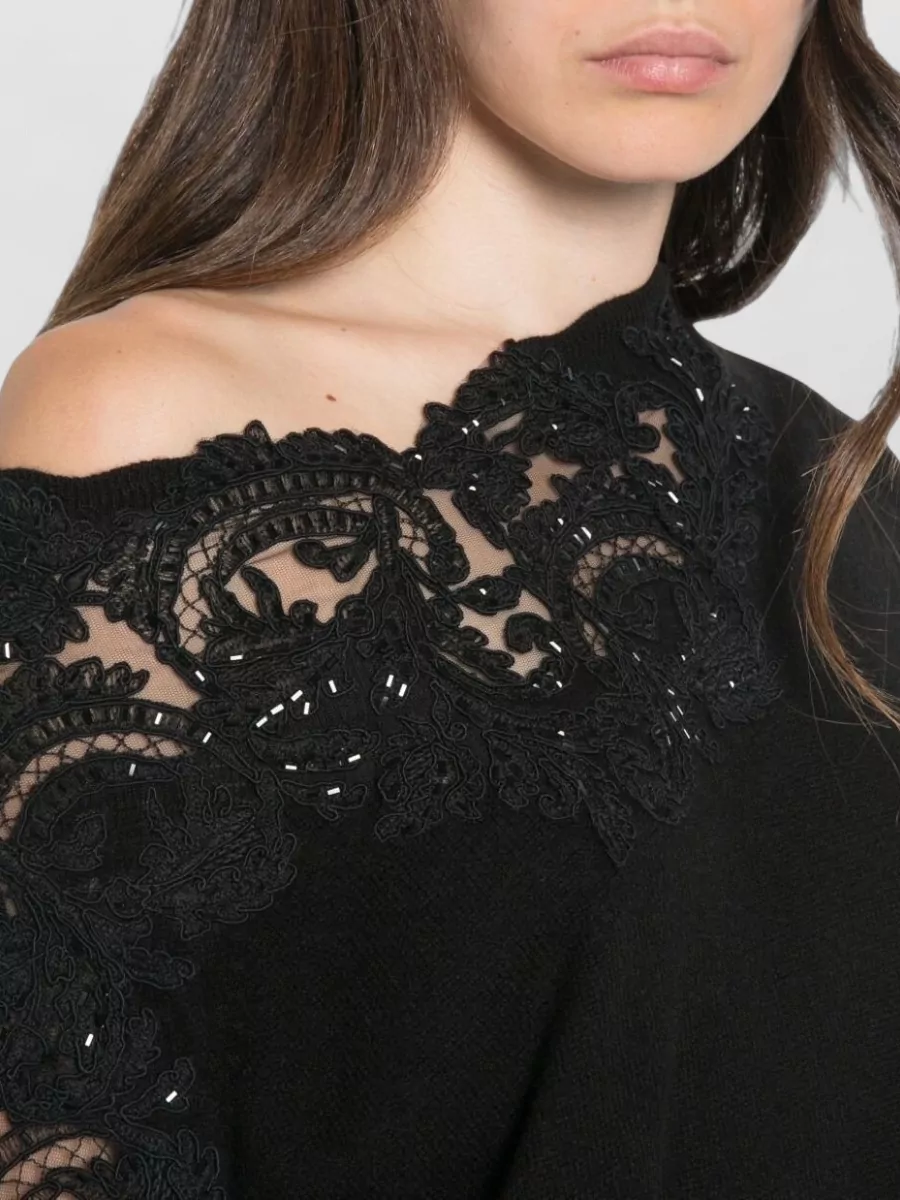 Ermanno Scervino Cashmere Lace Panel Sequin Embellished Boat Neck Long Sleeve Ribbed Sweater