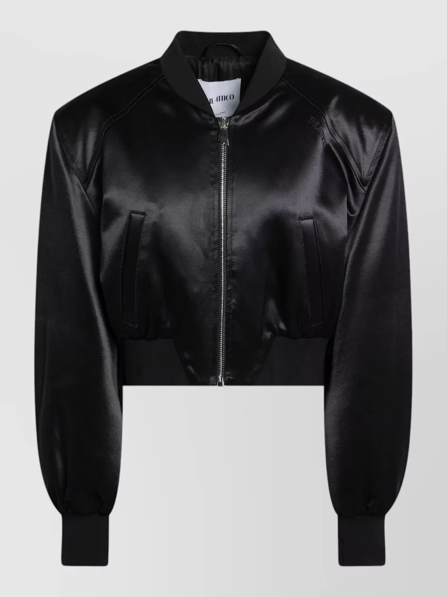 Attico Shiny Cropped Bomber Jacket Satin Ribbed In Black