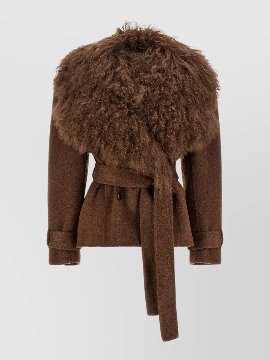 Giuseppe Di Morabito Shearling Collar Double-Breasted Belted Wool Coat