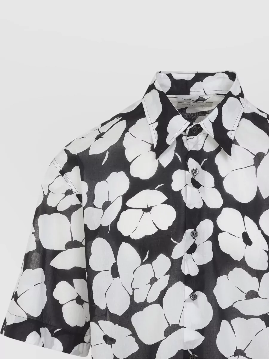 Dries Van Noten Cotton Floral Print Short Sleeve Loose Fit Shirt