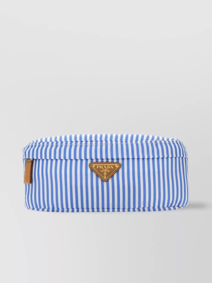 Shop Prada Striped Re-nylon Belt Bag With Buckle Detail In Blue